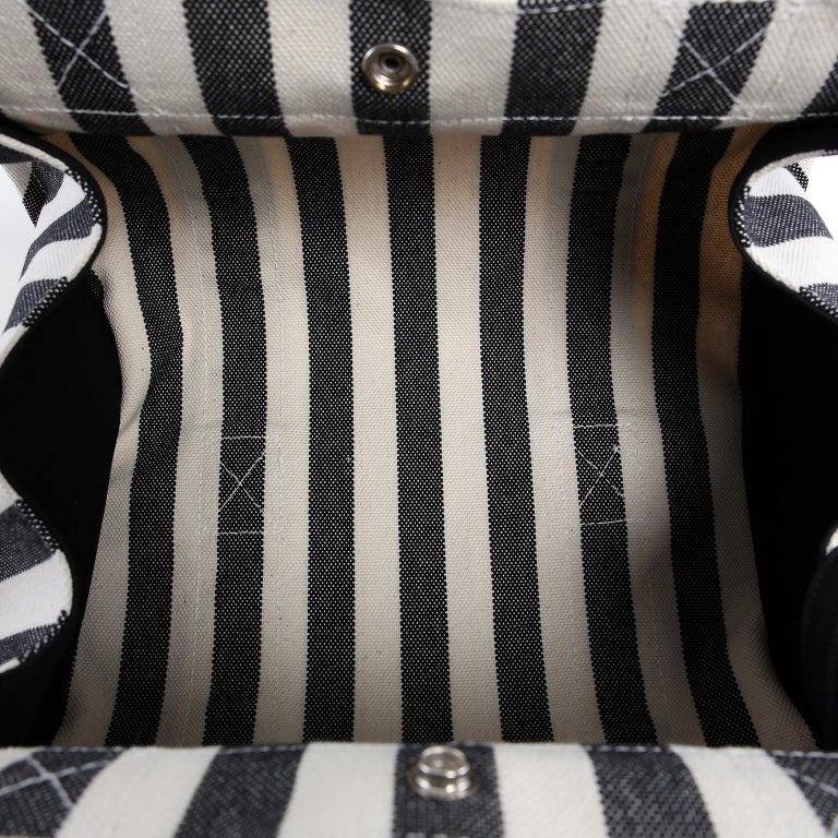 Hermes Black and White Striped Canvas Tote with pochette For Sale 9