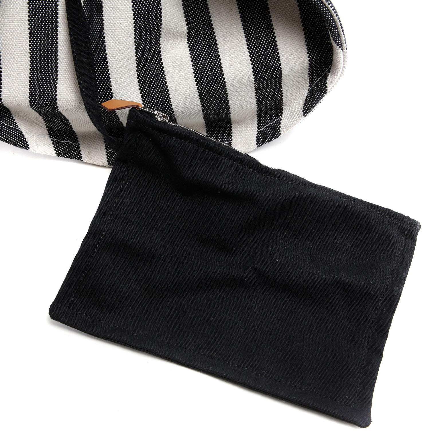 Hermes Black and White Striped Canvas Tote with pochette For Sale 7