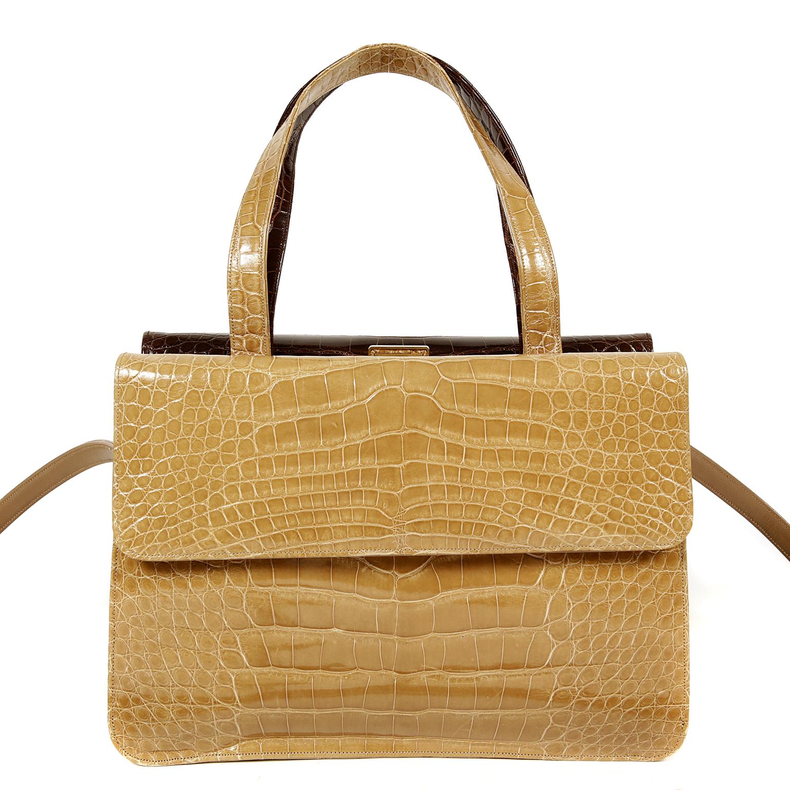 Judith Leiber Crocodile Double Sided Handbag- Camel and Brown In Excellent Condition In Palm Beach, FL