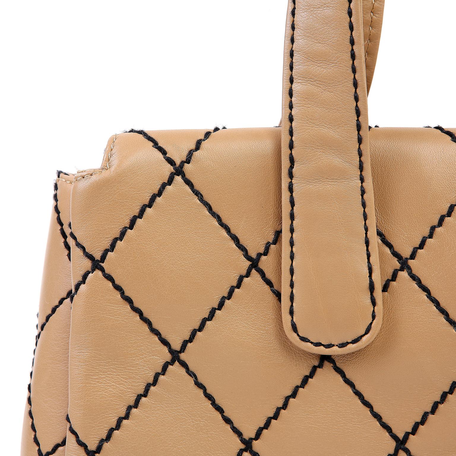 Chanel Beige Leather Tote with Black Top Stitching 3