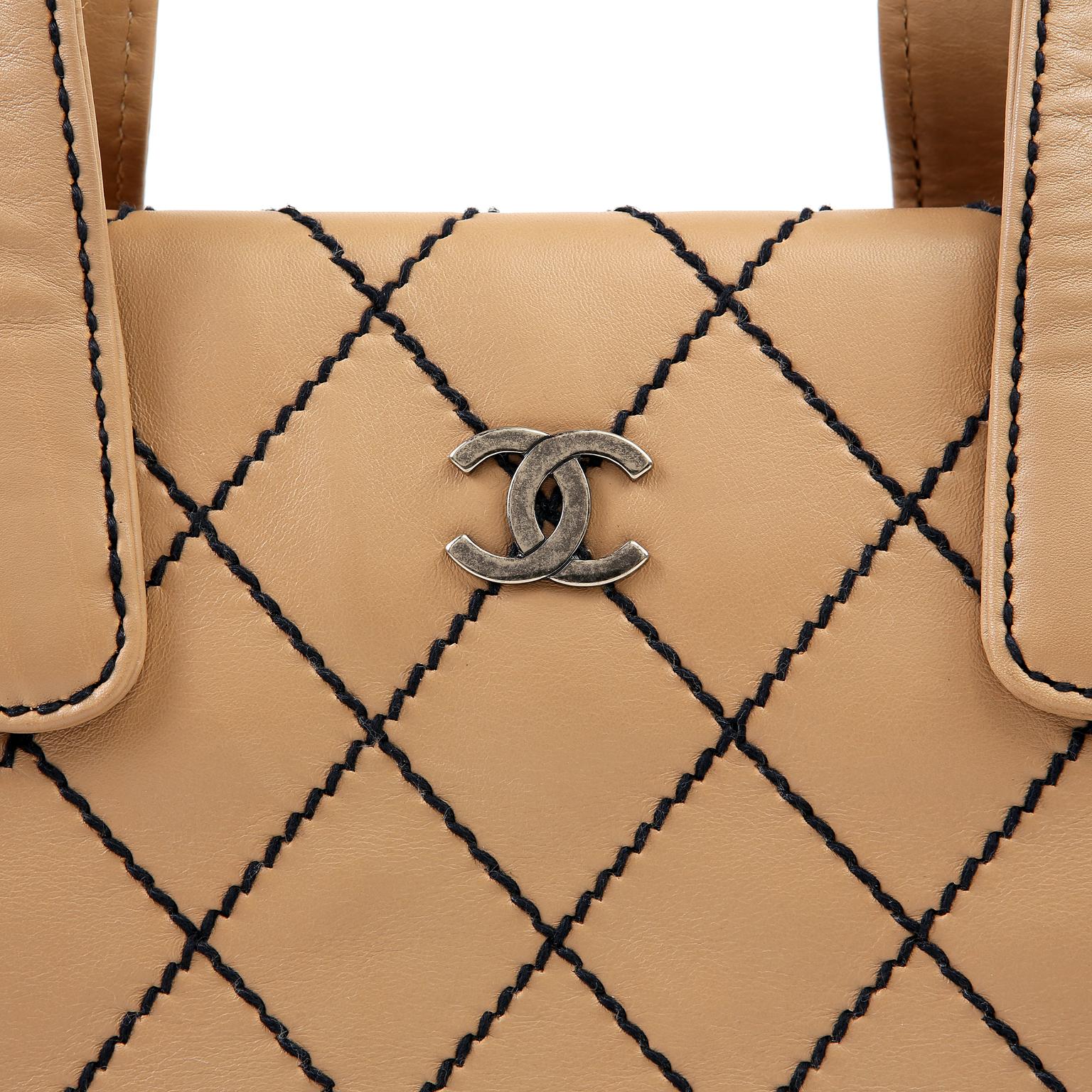 Chanel Beige Leather Tote with Black Top Stitching 4