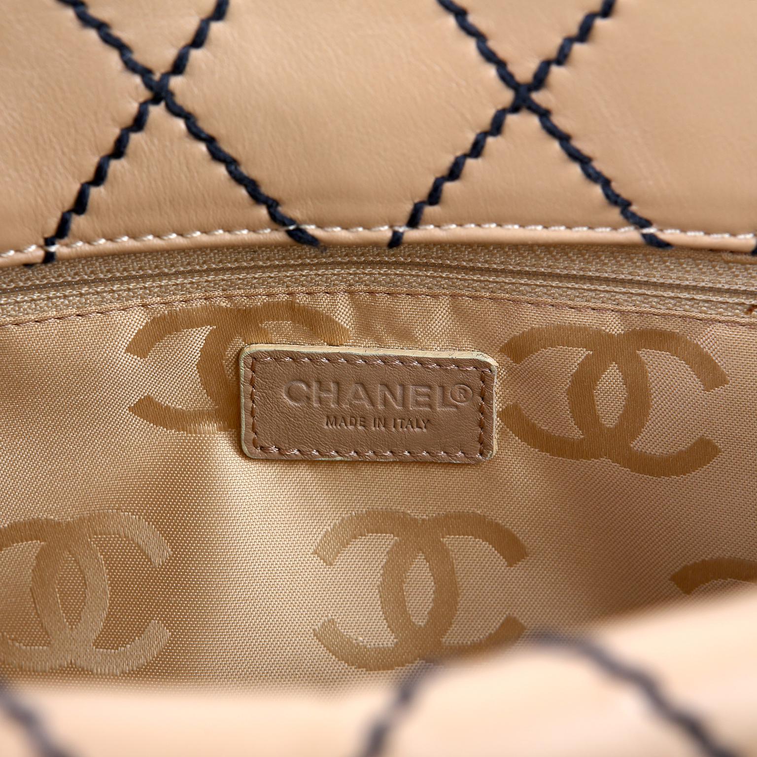 Chanel Beige Leather Tote with Black Top Stitching 9