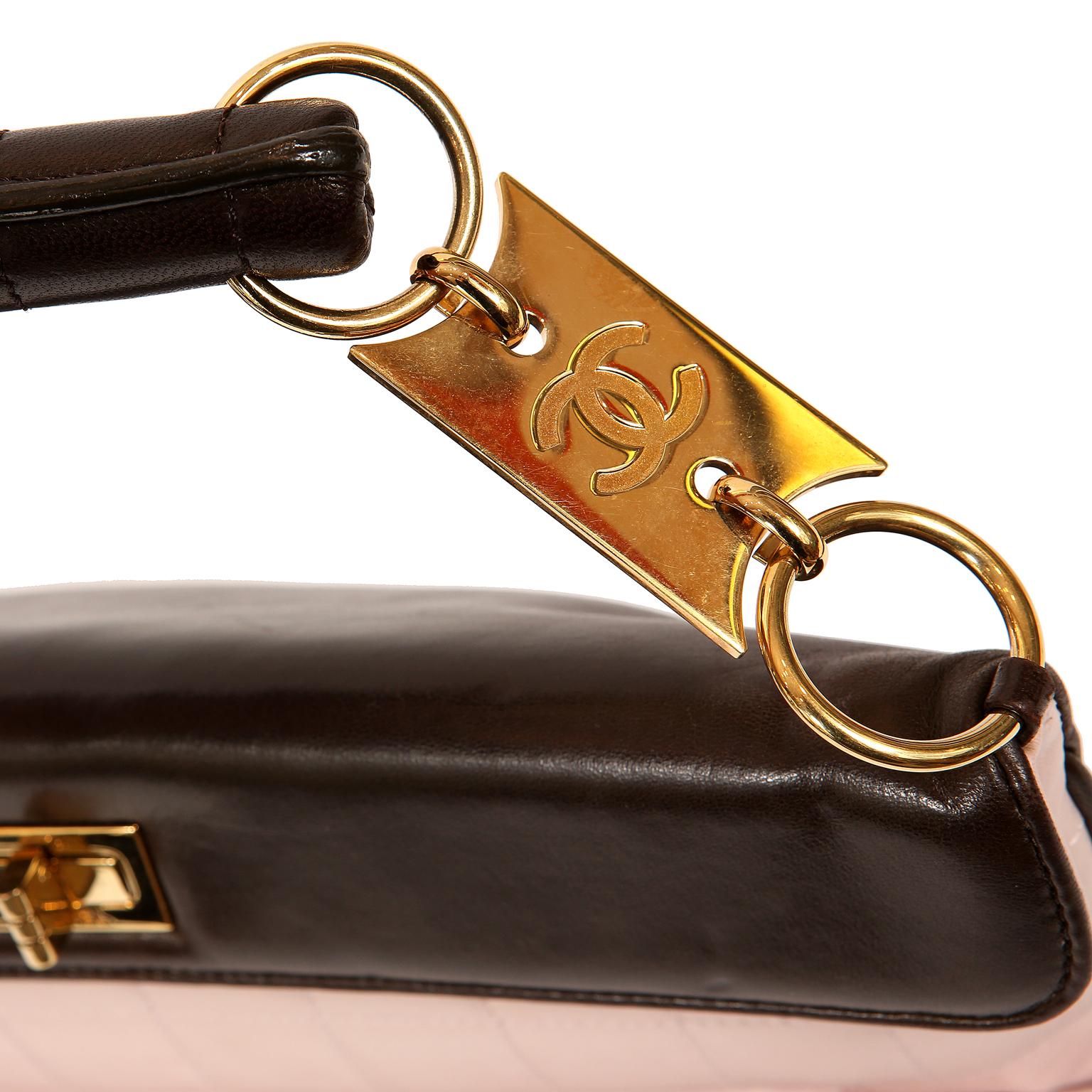 Chanel Pink and Brown Lambskin Clutch with Handle In Excellent Condition In Palm Beach, FL