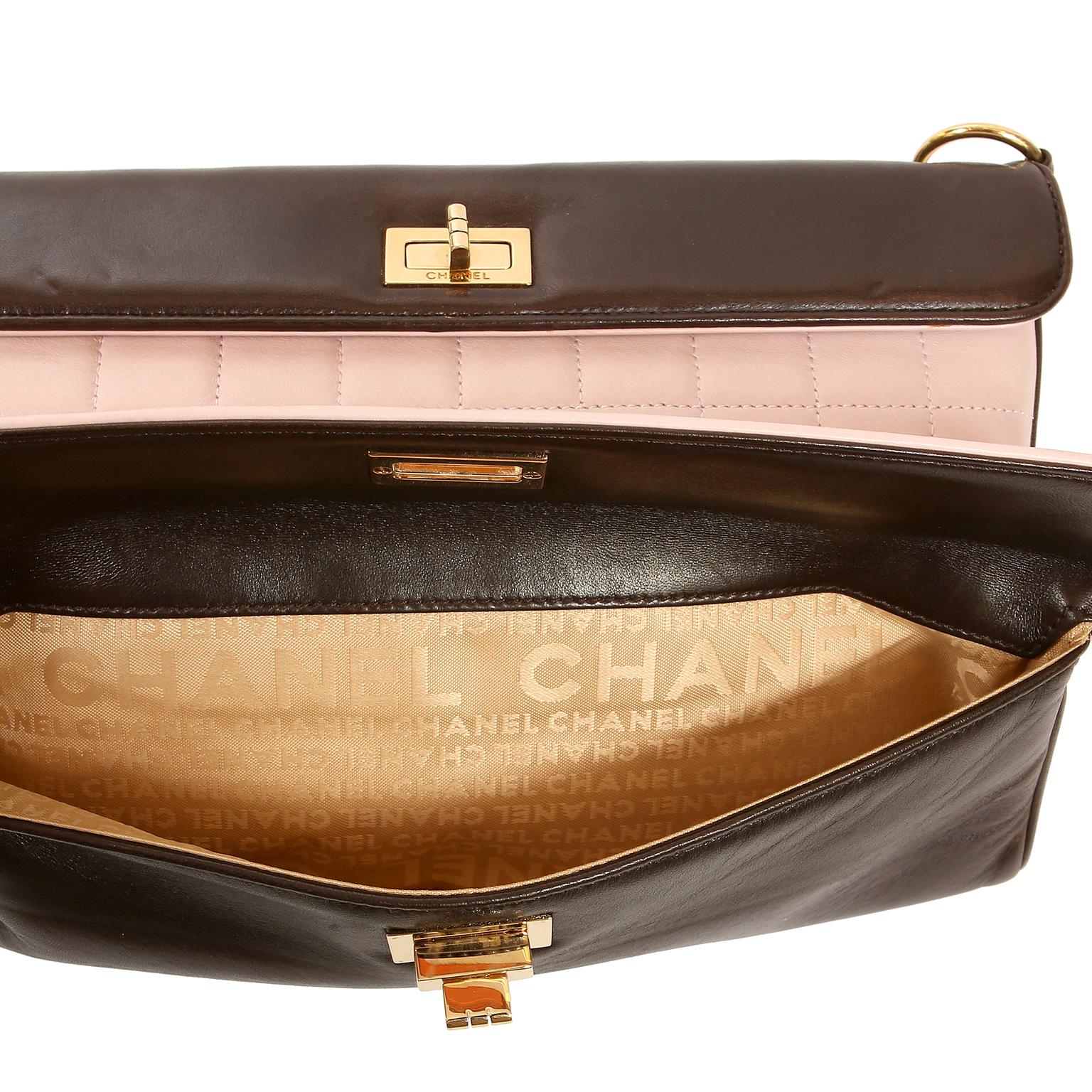 Women's Chanel Pink and Brown Lambskin Clutch with Handle