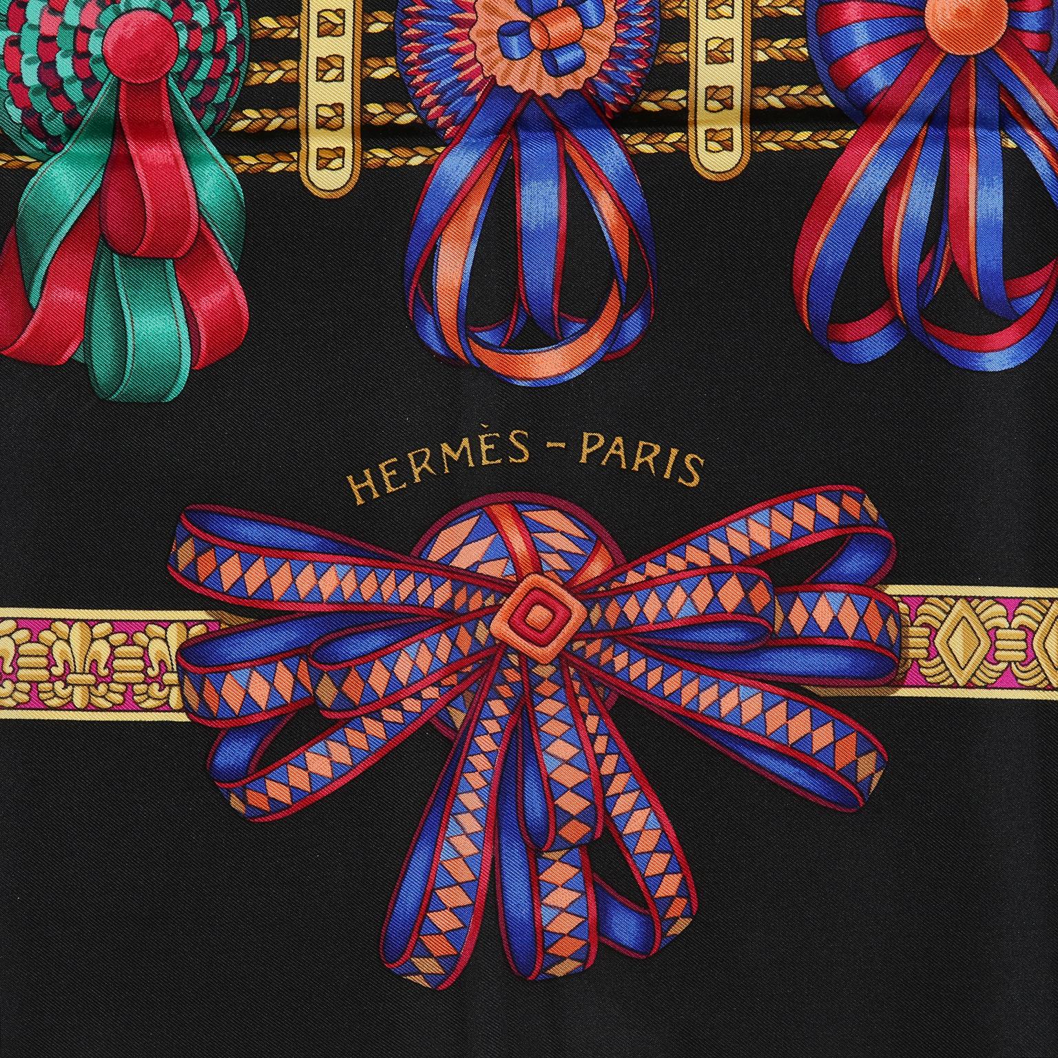 Hermes Les Rubans du Cheval 90 cm Schal aus schwarzer Seide im Zustand „Hervorragend“ in Palm Beach, FL