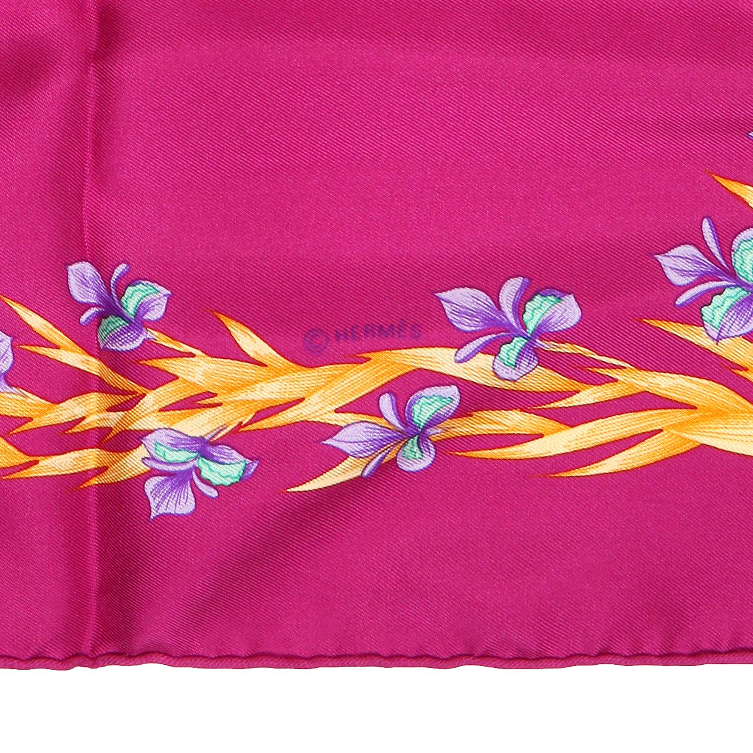 Women's or Men's Hermes Cheval Fleuri 90 cm Fuchsia Silk Scarf  For Sale