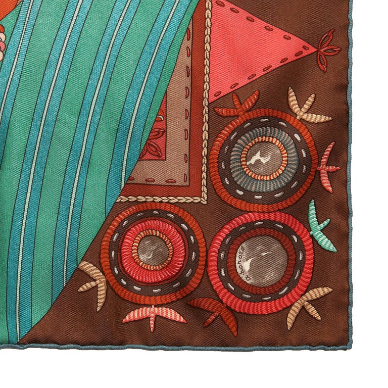 Hermes Brown Turquoise Coupons Indiens 90 cm Scarf For Sale 1