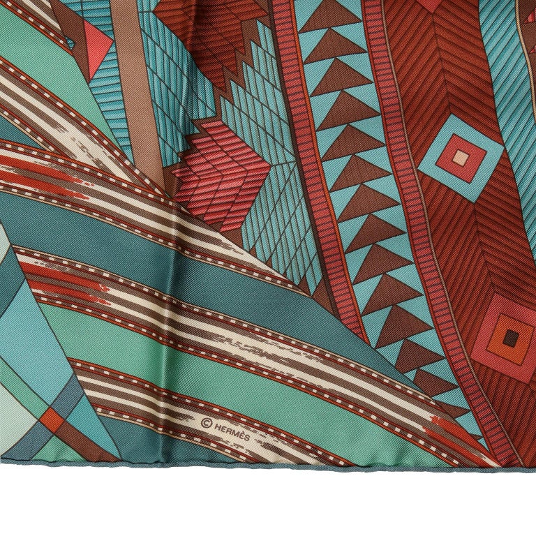 Hermes Brown Turquoise Coupons Indiens 90 cm Scarf For Sale 2