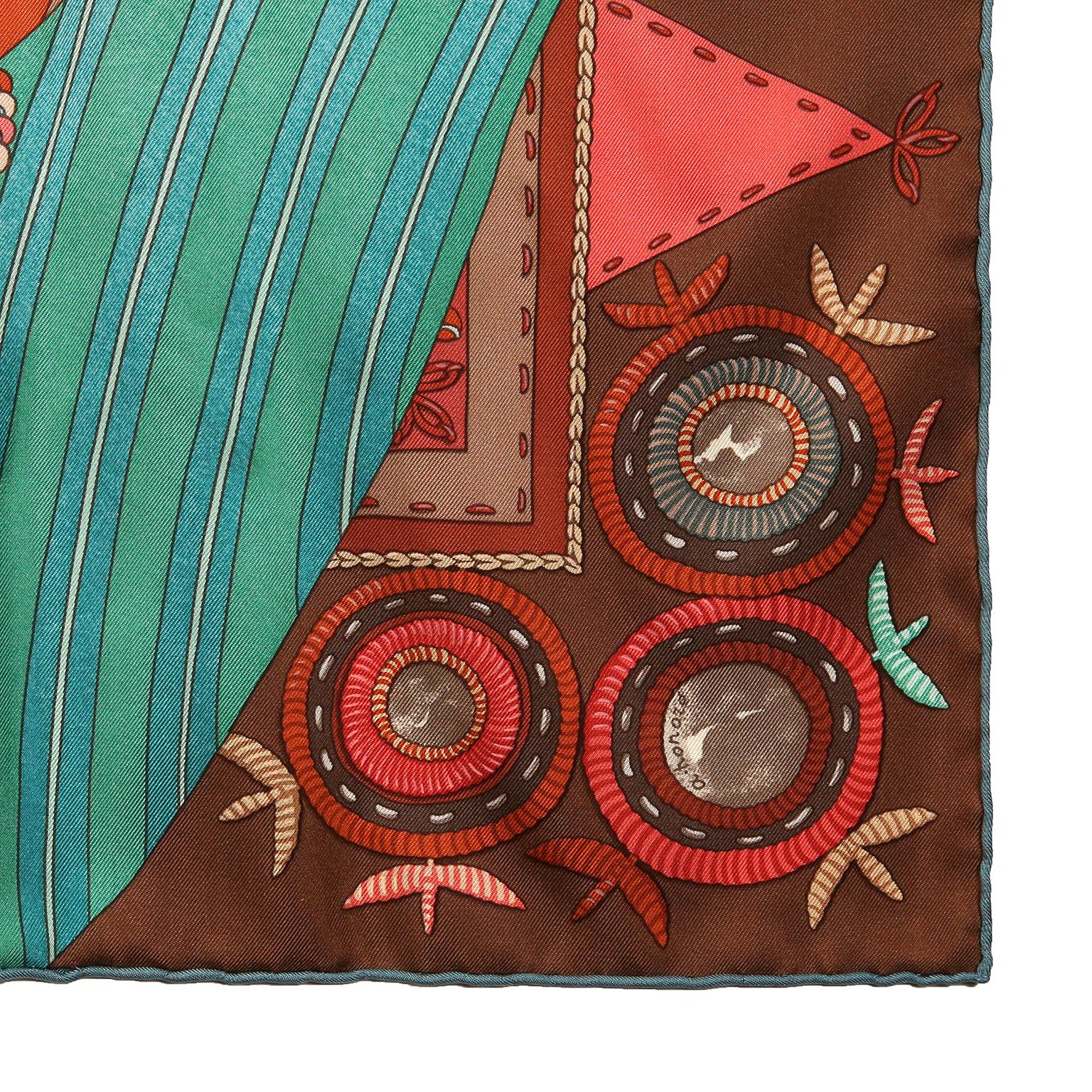 Hermes Brown Turquoise Coupons Indiens 90 cm Scarf For Sale 3