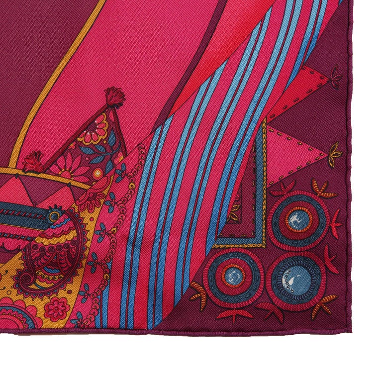 Hermes Coupons Indiens Pocket Square Silk Scarf- Fuchsia Burgundy In Excellent Condition For Sale In Palm Beach, FL
