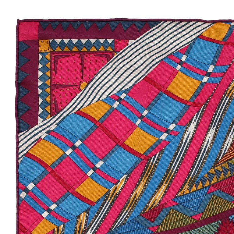 Women's Hermes Coupons Indiens Pocket Square Silk Scarf- Fuchsia Burgundy For Sale