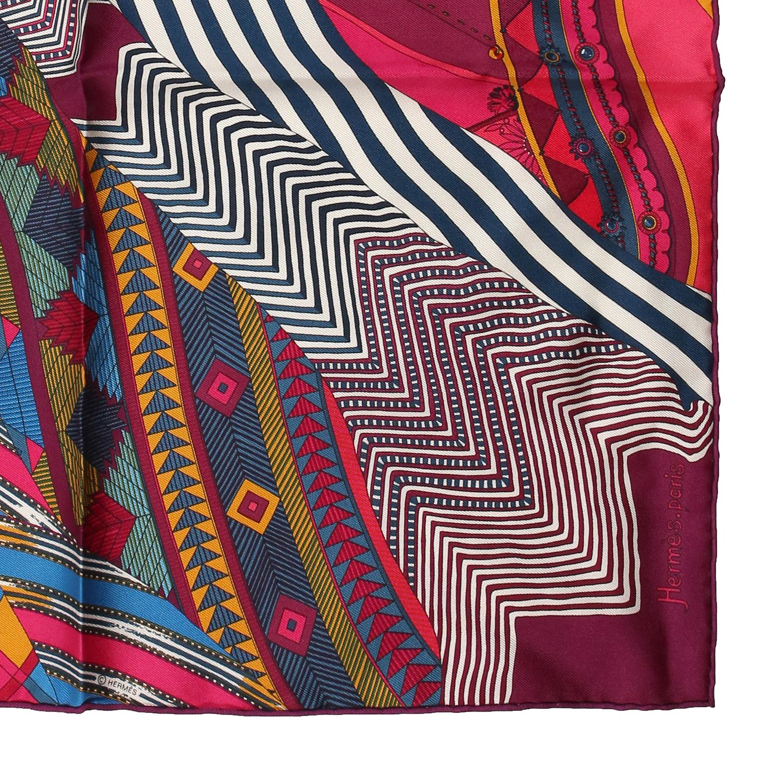 Black Hermes Coupons Indiens Pocket Square Silk Scarf- Fuchsia Burgundy For Sale