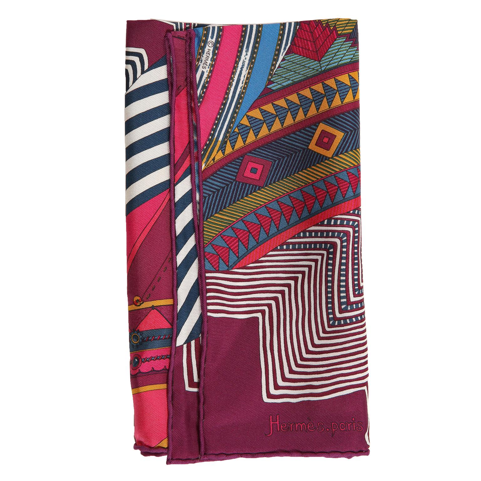 Hermes Coupons Indiens Pocket Square Silk Scarf- Fuchsia Burgundy In Excellent Condition For Sale In Palm Beach, FL