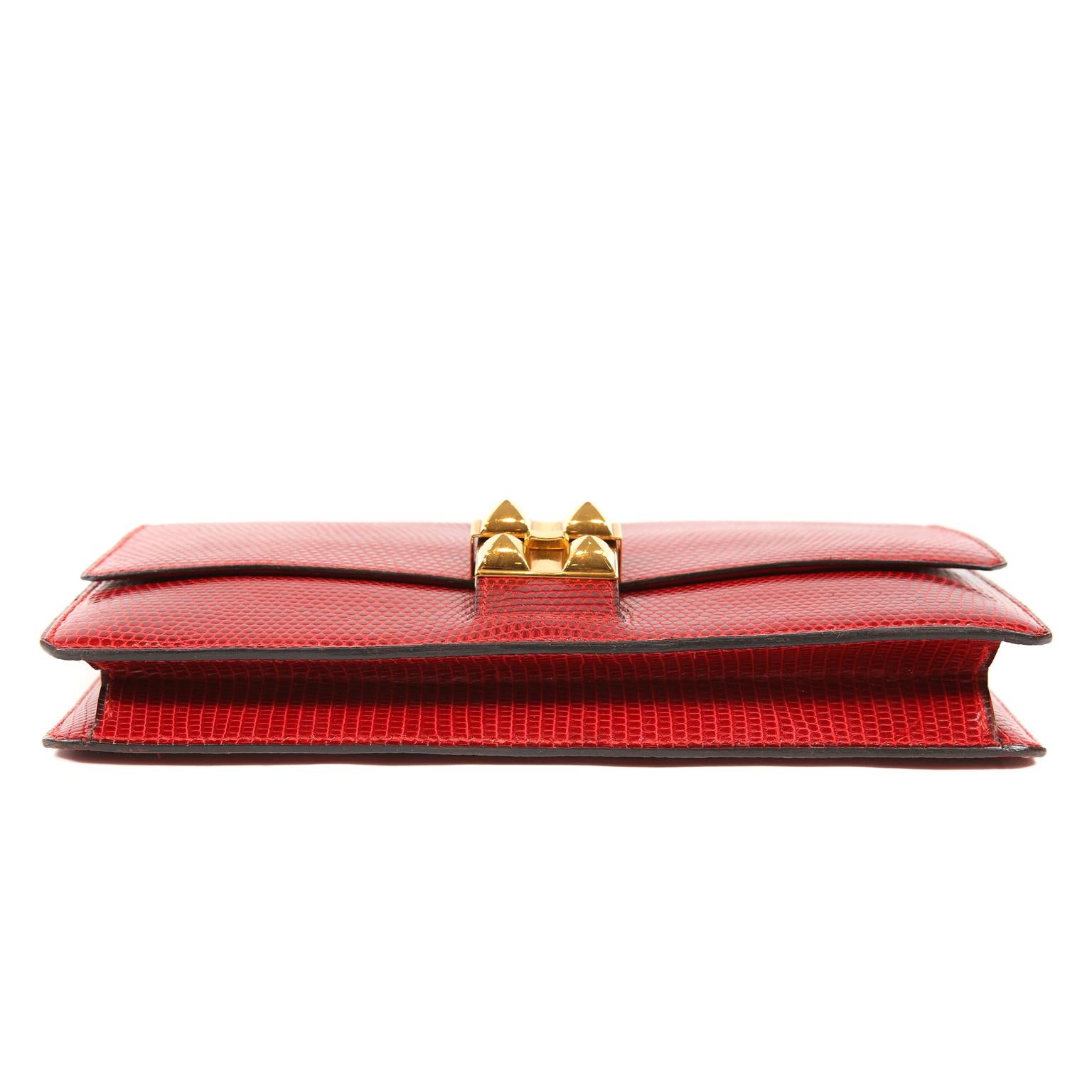 Hermès Vintage Red Lizard Medor Clutch In Excellent Condition In Palm Beach, FL
