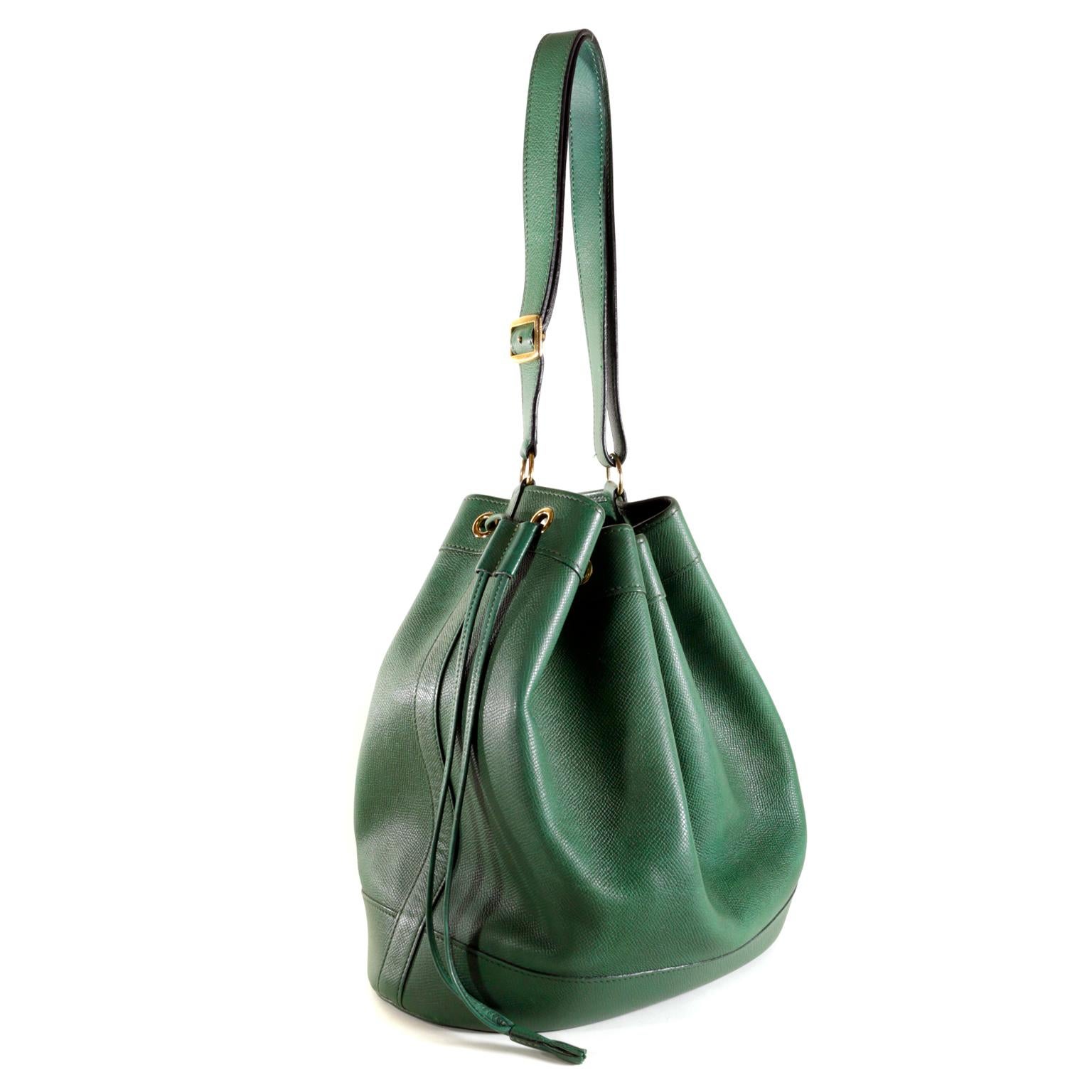 Black Hermès Bengal Green Epsom Leather Drawstring Market Bag 