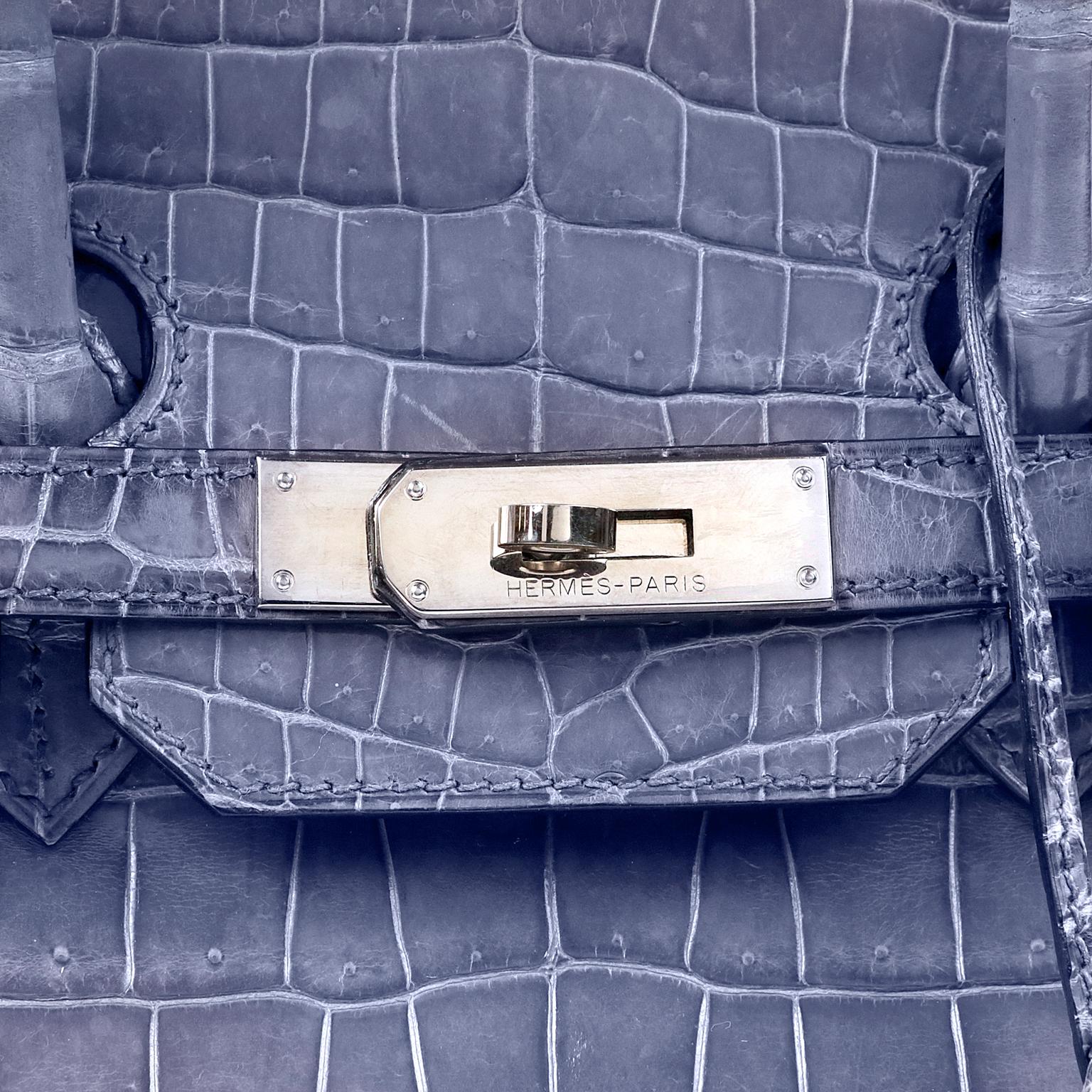 Hermès Blue Brighton Porosus Crocodile 35 cm Birkin Bag with Palladium In Excellent Condition In Palm Beach, FL