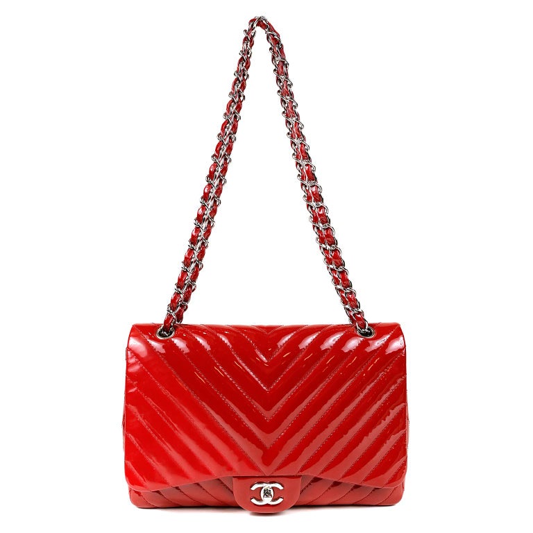 Chanel Red Patent Leather Jumbo Chevron Flap Bag with Silver Hardware ...