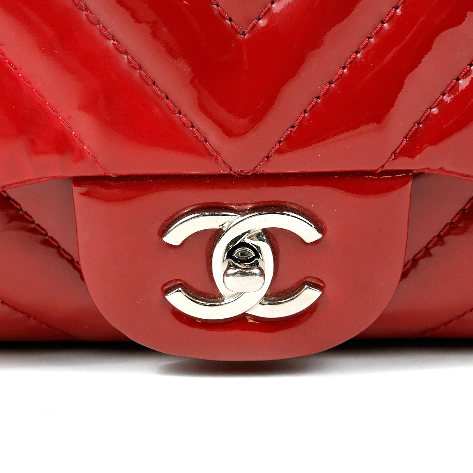 Women's Chanel Red Patent Leather Jumbo Chevron Flap Bag with Silver Hardware
