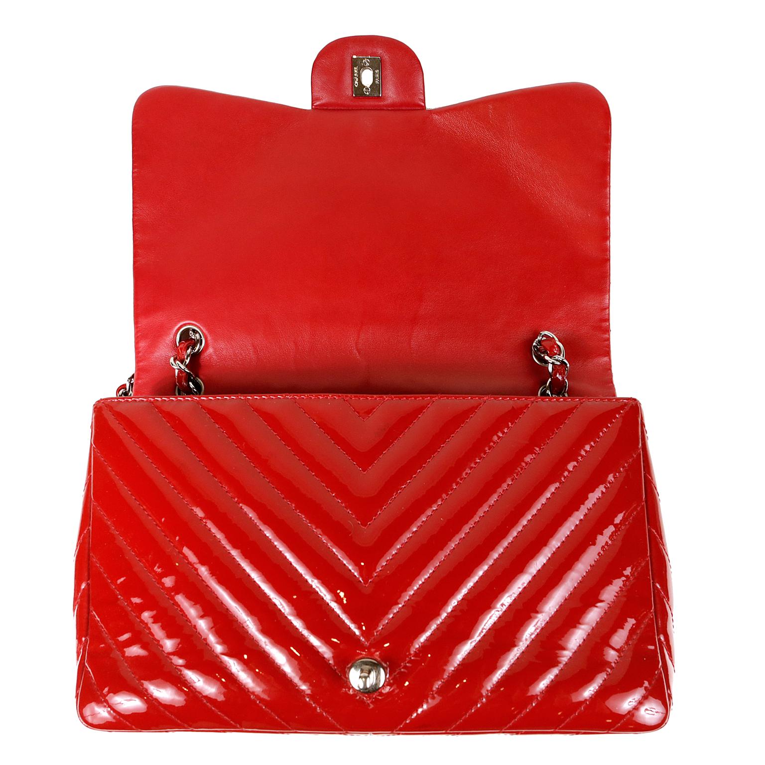 Chanel Red Patent Leather Jumbo Chevron Flap Bag with Silver Hardware 1