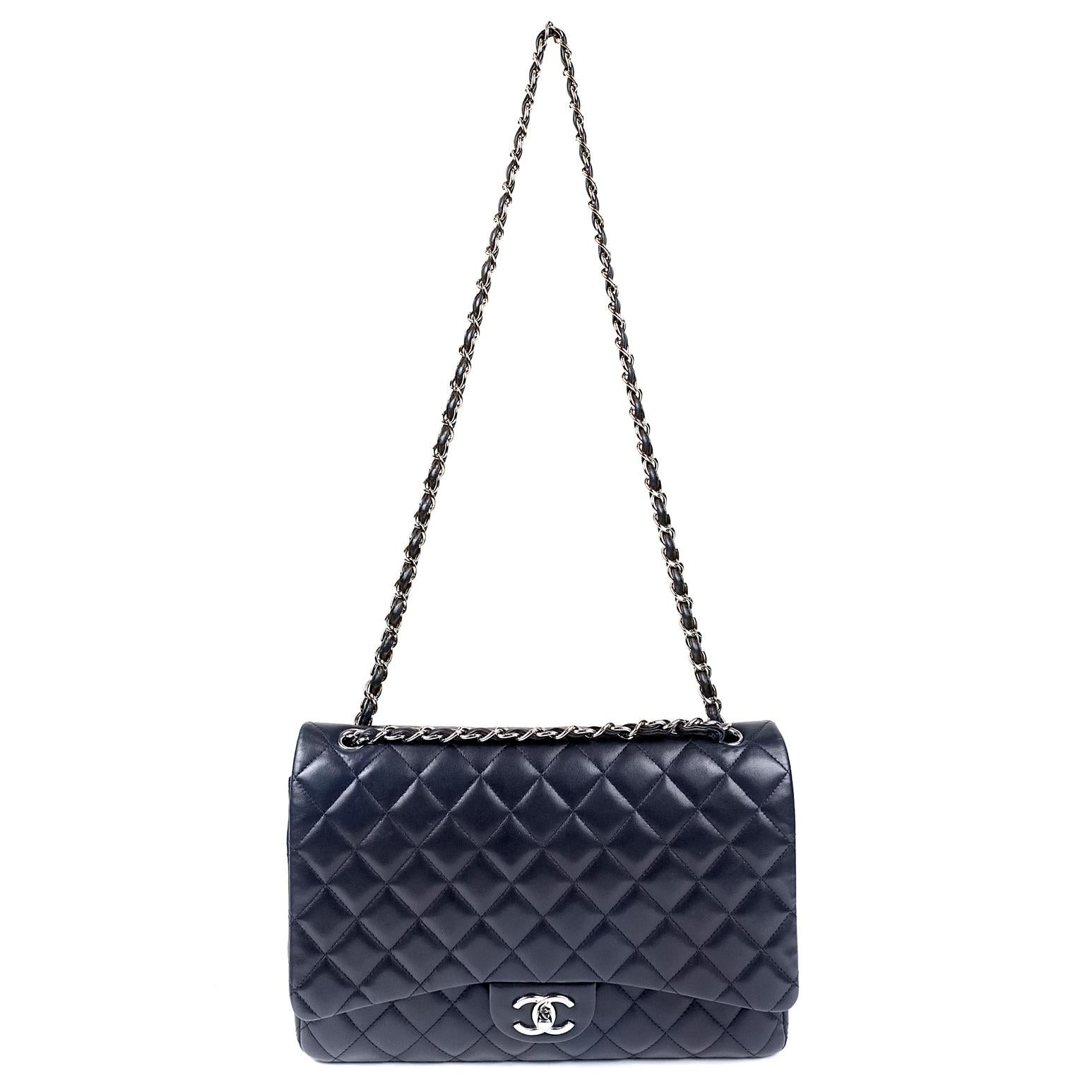Chanel Navy Lambskin Maxi Double Flap Bag 6