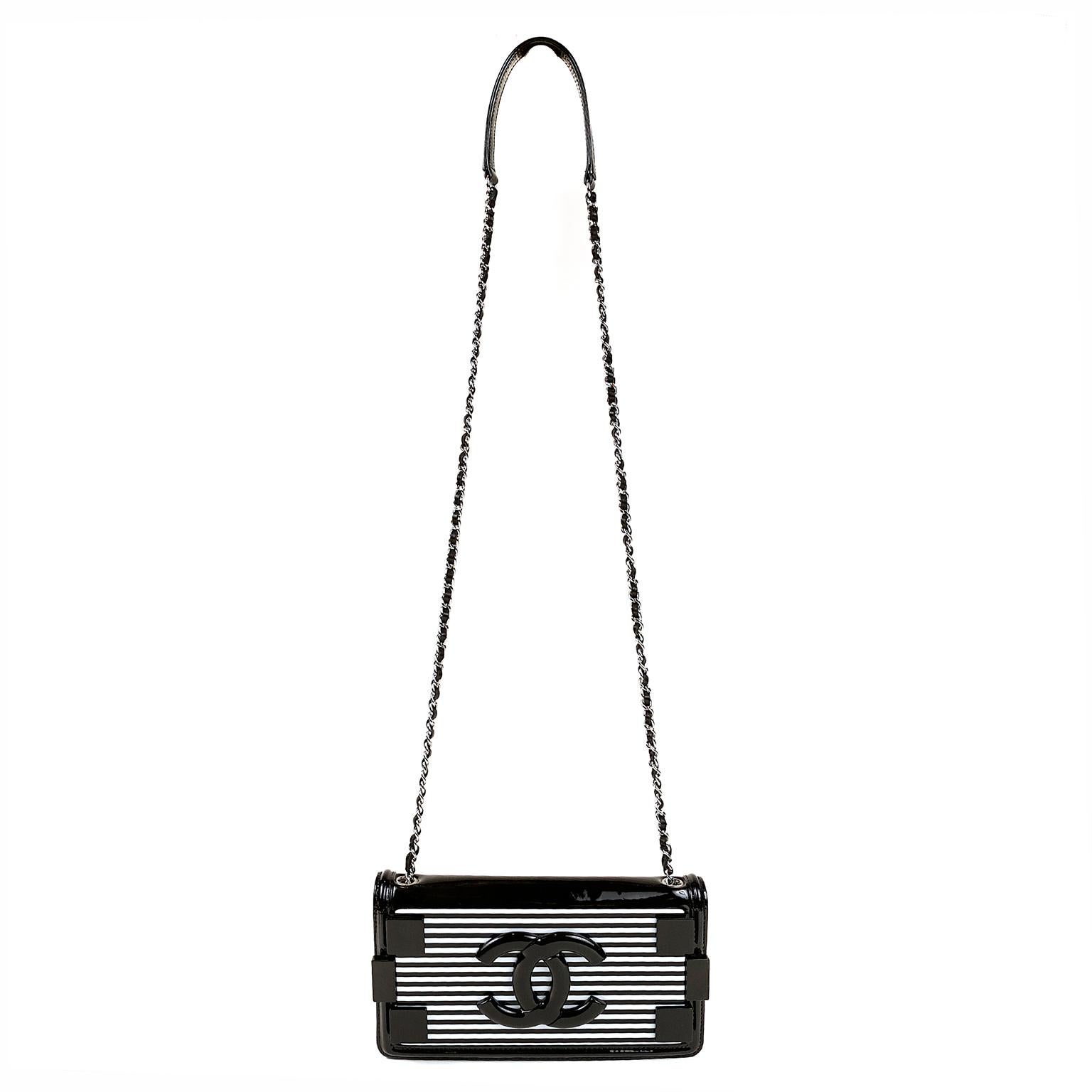Chanel Black and White Striped Resin Patent Leather Boy Brick Bag 5