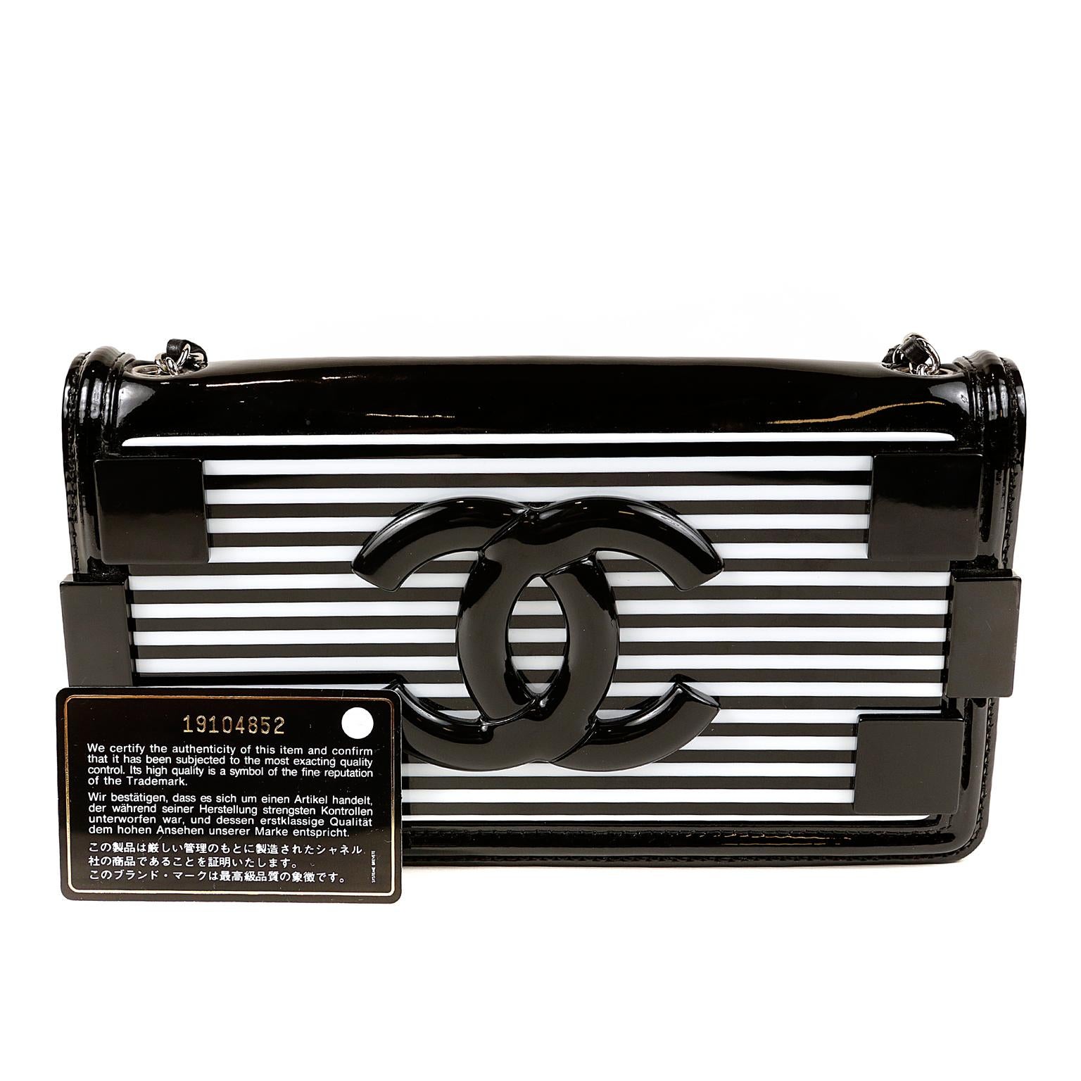 Chanel Black and White Striped Resin Patent Leather Boy Brick Bag 6