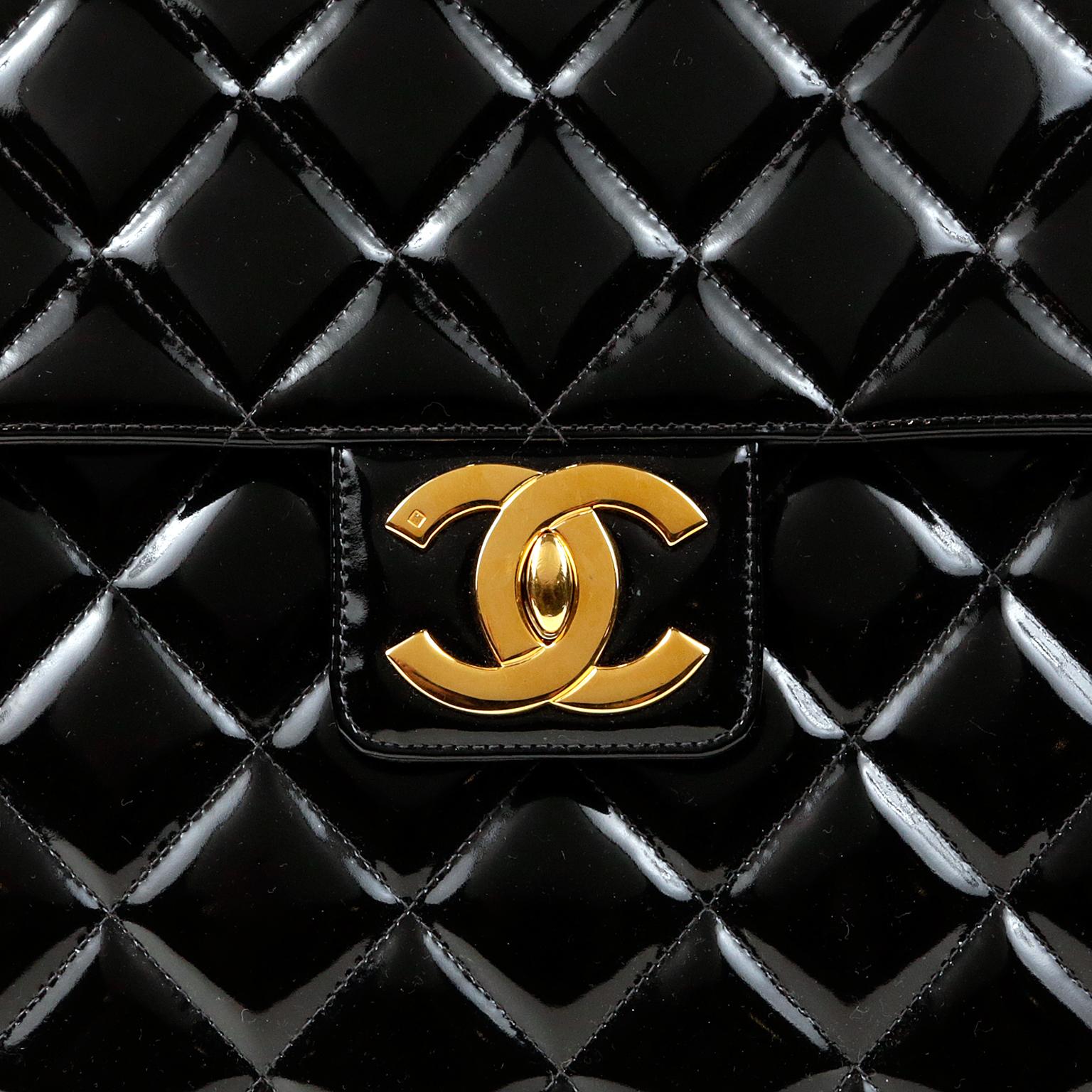 Chanel Black Patent Leather Vintage Briefcase In Excellent Condition In Palm Beach, FL