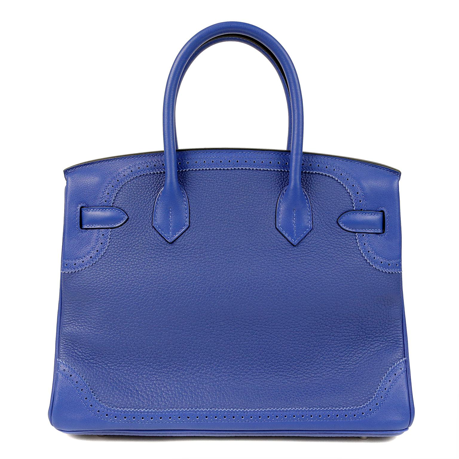 Hermès Blue Electrique Togo 30 cm Ghillies Birkin- NEW without the plastic.  Never carried.
Hermès bags are considered the ultimate luxury item the world over.  Hand stitched by skilled craftsmen, wait lists of a year or more are commonplace. 
Vivid