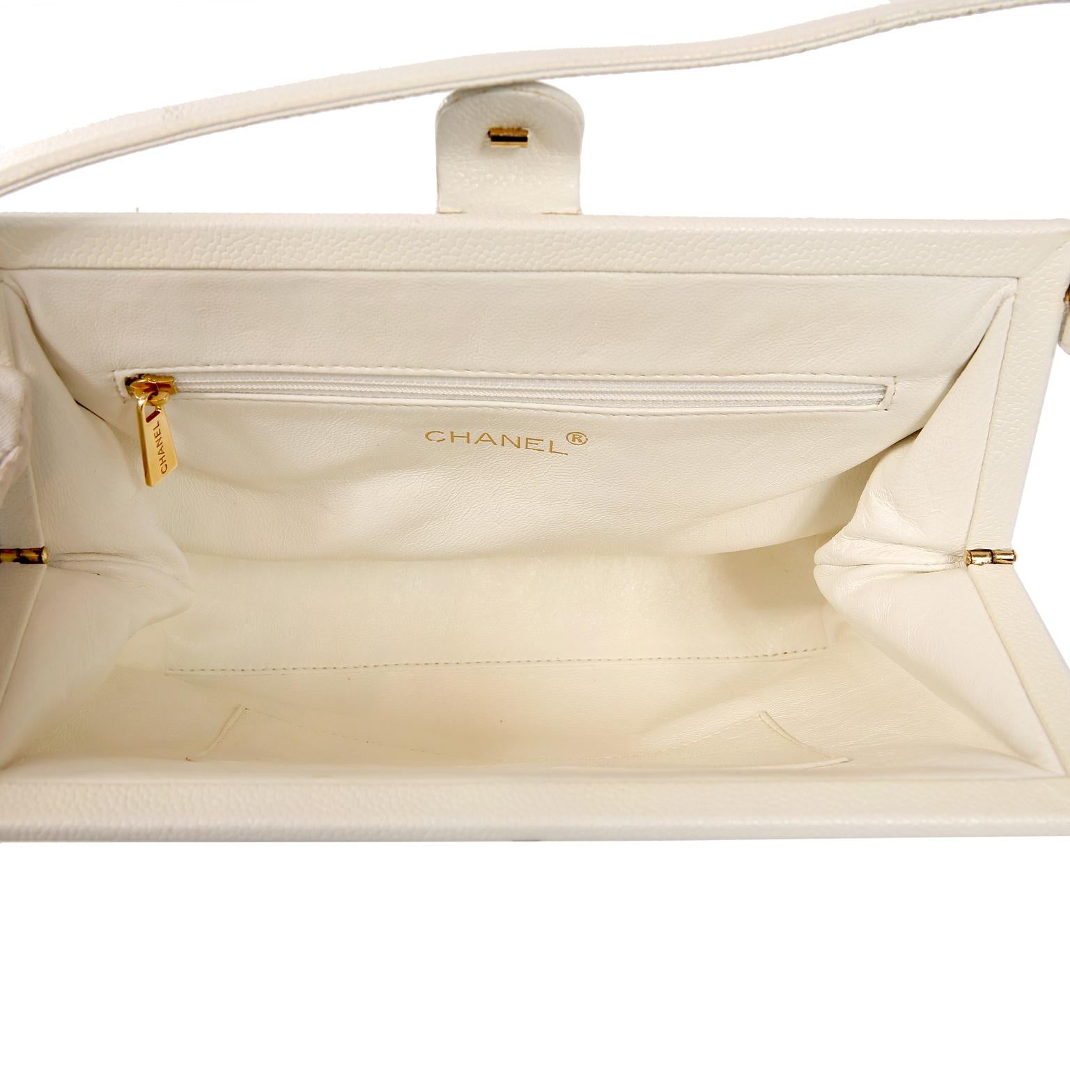 Chanel White Caviar Frame Top Bag In Good Condition In Palm Beach, FL