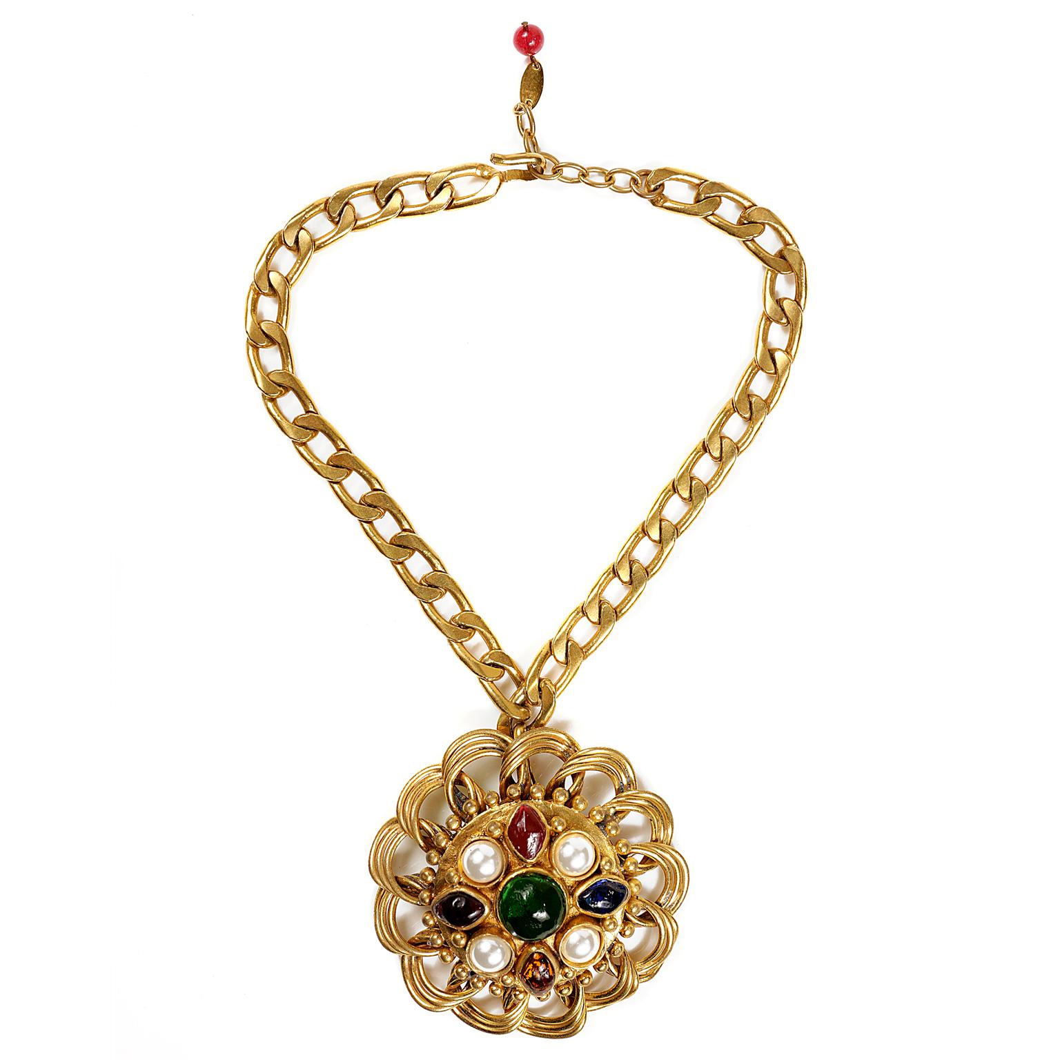 Chanel Gold Gripoix Medallion Vintage Necklace- 1970's In Good Condition In Palm Beach, FL