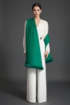 Verheyen London Handwoven Mink Fur Trimmed Cashmere Shawl in Emerald Green