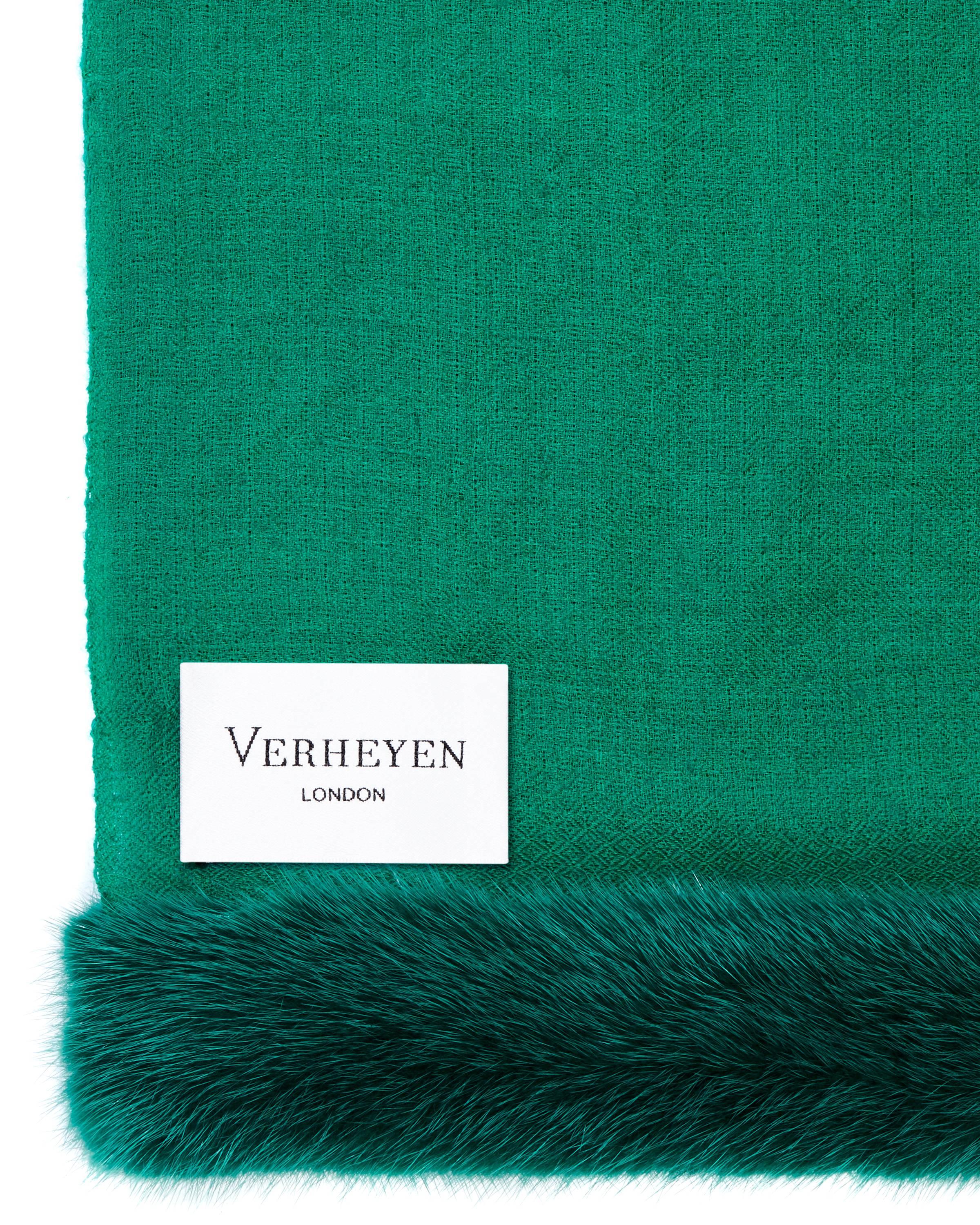 Verheyen London Handwoven Mink Fur Trimmed Cashmere Shawl in Emerald Green  1