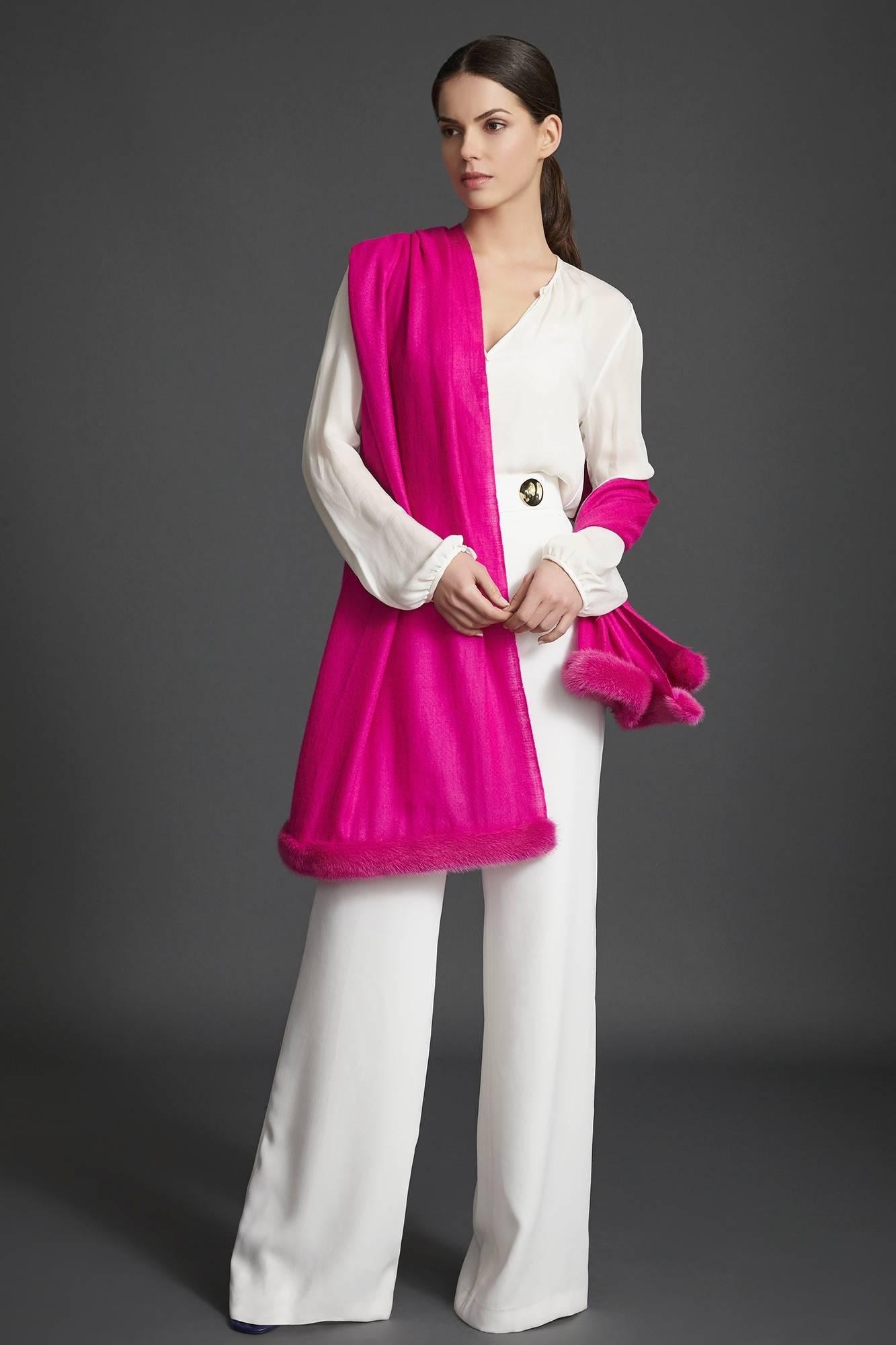 Women's or Men's Verheyen London Handwoven Mink Fur Trimmed Cashmere Shawl in Fuchsia Pink