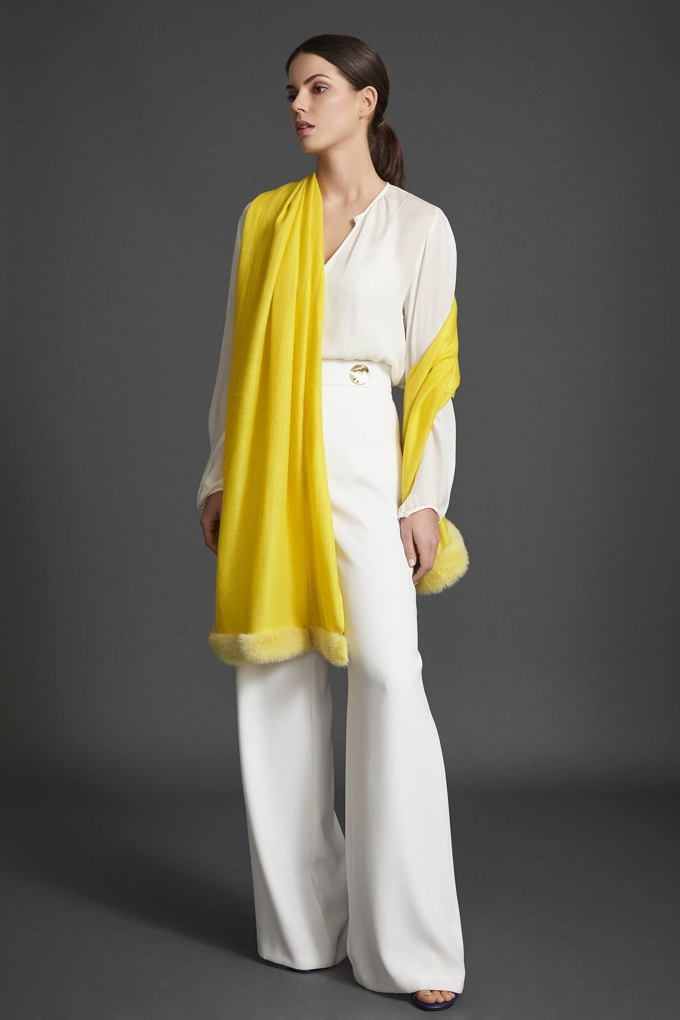 Women's or Men's Verheyen London Handwoven Mink Fur Trimmed Cashmere Shawl in Yellow