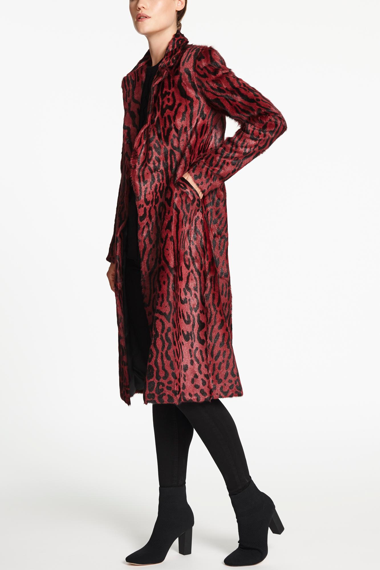 Women's Verheyen London Longline Leopard Print Coat in Ruby Red Goat Hair Fur