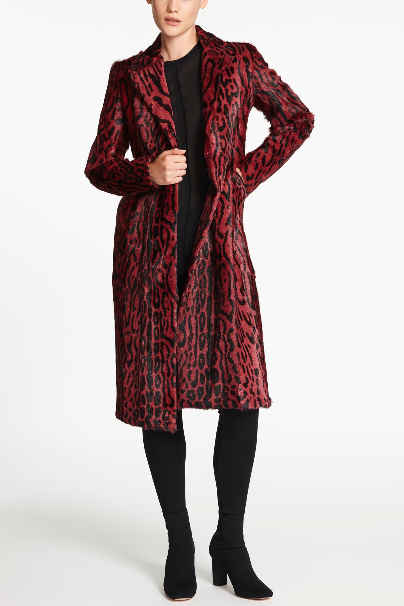 Brown Verheyen London Longline Leopard Print Coat in Ruby Red Goat Hair Fur