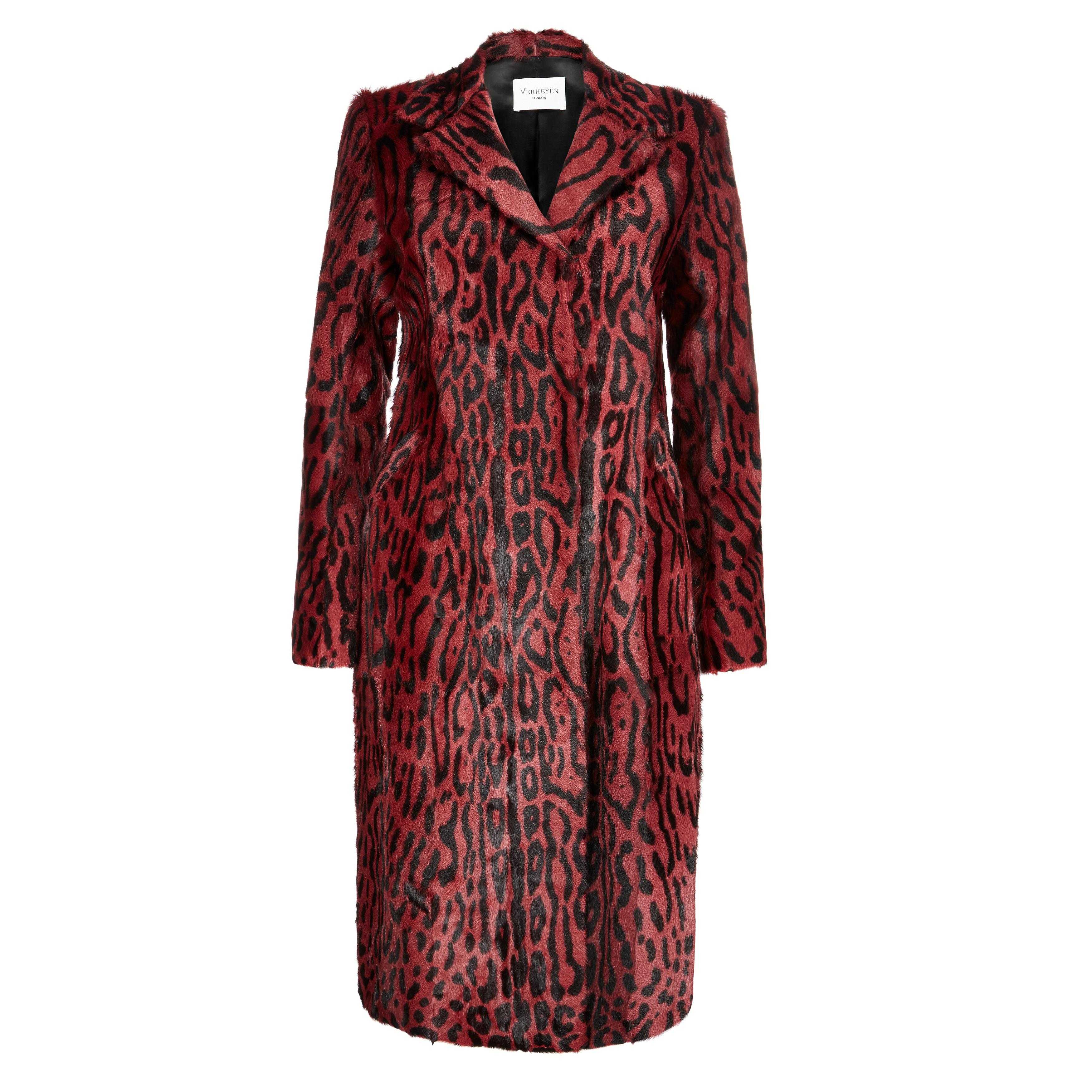 Verheyen London Longline Leopard Print Coat in Ruby Red Goat Hair Fur