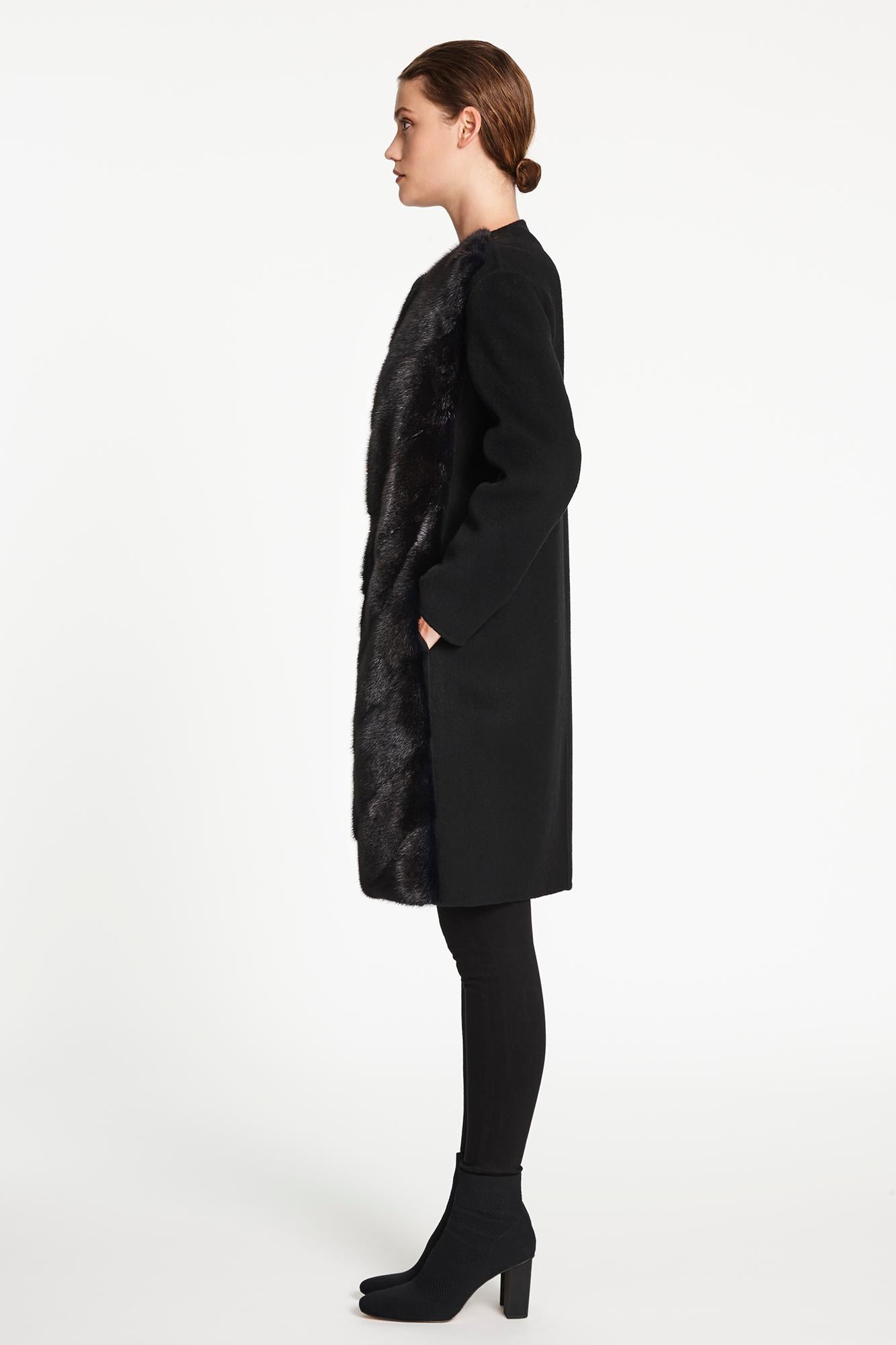 Collarless Coat Cashmere and in Navy Black Mink Fur 4