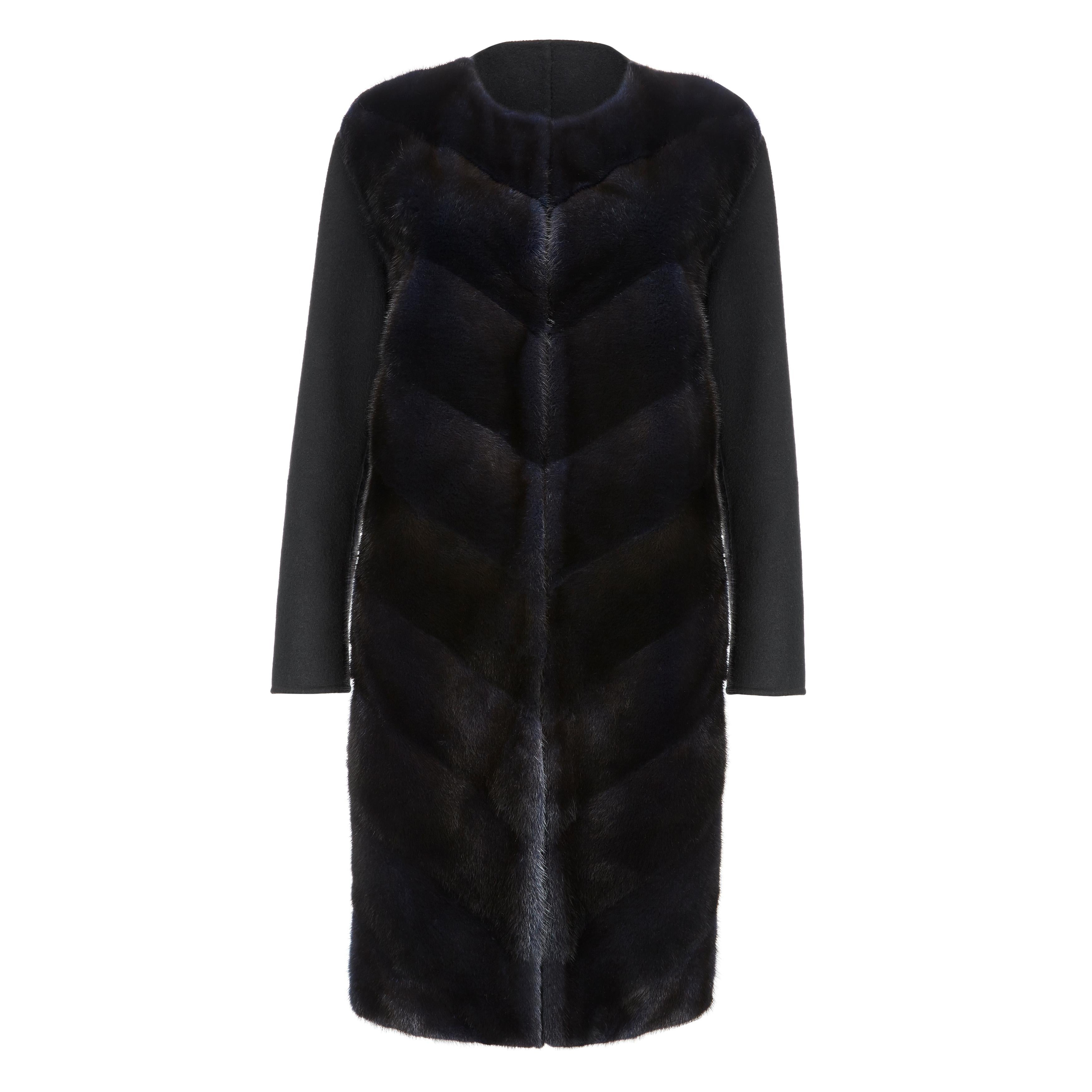 Collarless Coat Cashmere and in Navy Black Mink Fur