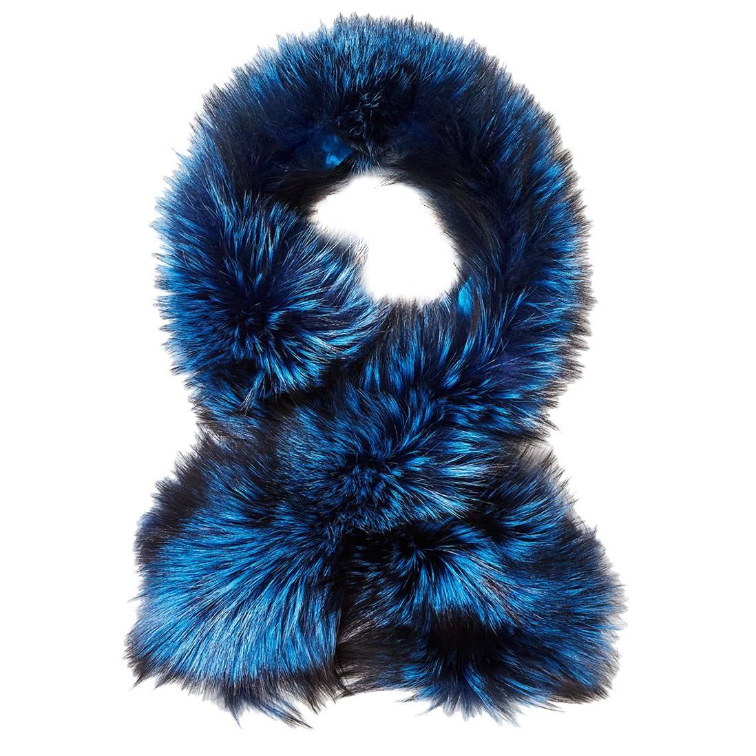 Verheyen London Lapel Cross-through Collar in Sapphire Fox Fur & Silk Lining