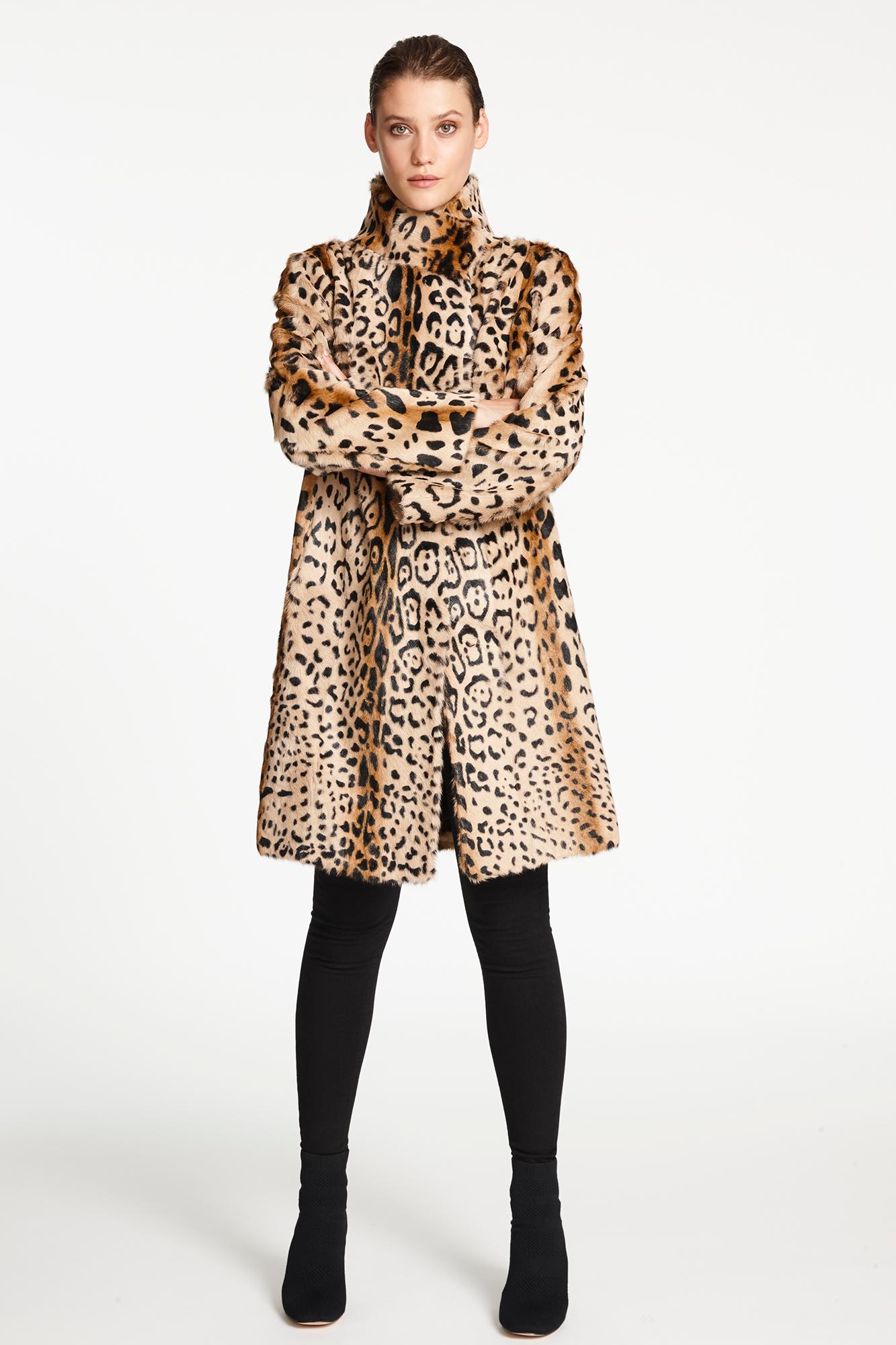 Women's Verheyen London High Collar Leopard Print Coat in Natural Goat Hair Fur 