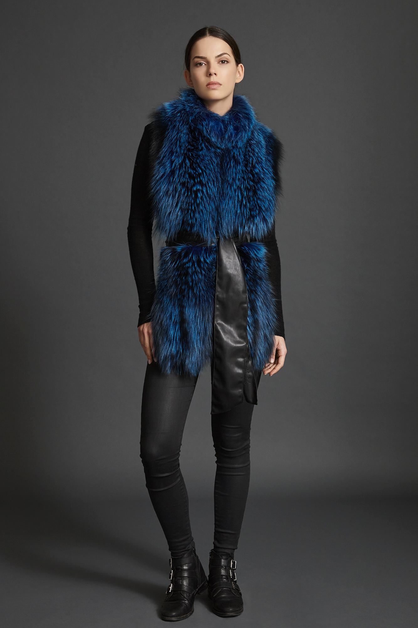 Verheyen London Nehru Collar Stole  in Lapis Blue Fox Fur & Silk Lining 3