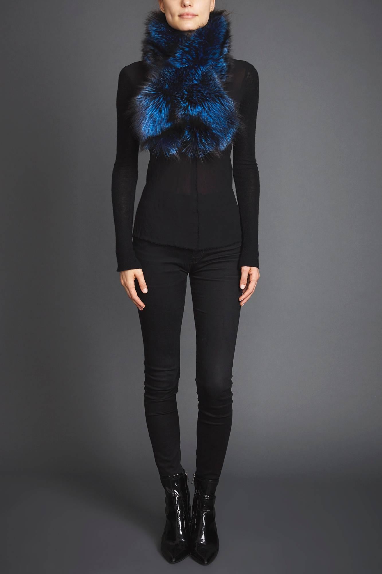 Verheyen London Lapel Cross-through Collar in Sapphire Fox Fur & Silk Lining 1