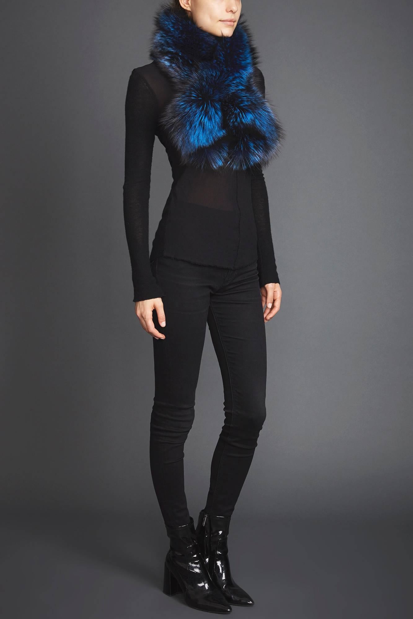 Verheyen London Lapel Cross-through Collar in Sapphire Fox Fur & Silk Lining 3