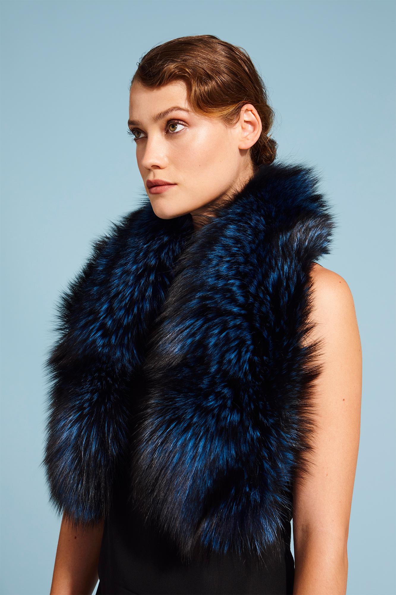 Women's or Men's Verheyen London Lapel Cross-through Collar in Sapphire Fox Fur & Silk Lining