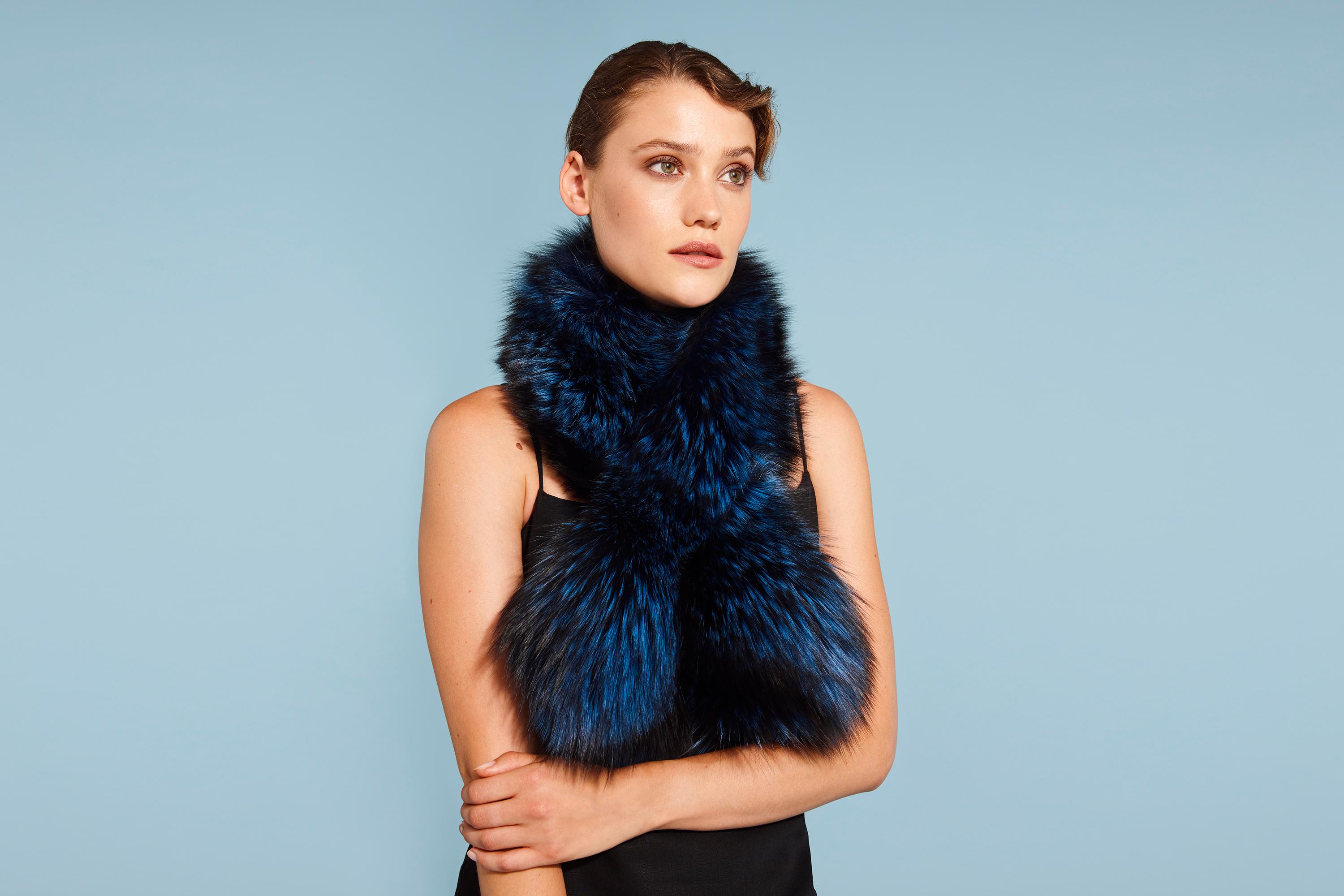 Verheyen London Lapel Cross-through Collar in Sapphire Fox Fur & Silk Lining 6