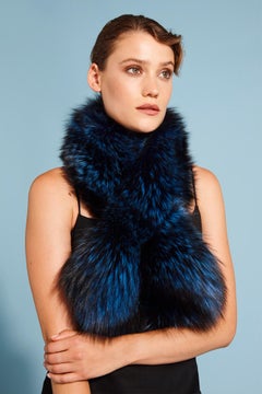 Verheyen London Lapel Cross-through Collar in Sapphire Fox Fur & Silk Lining