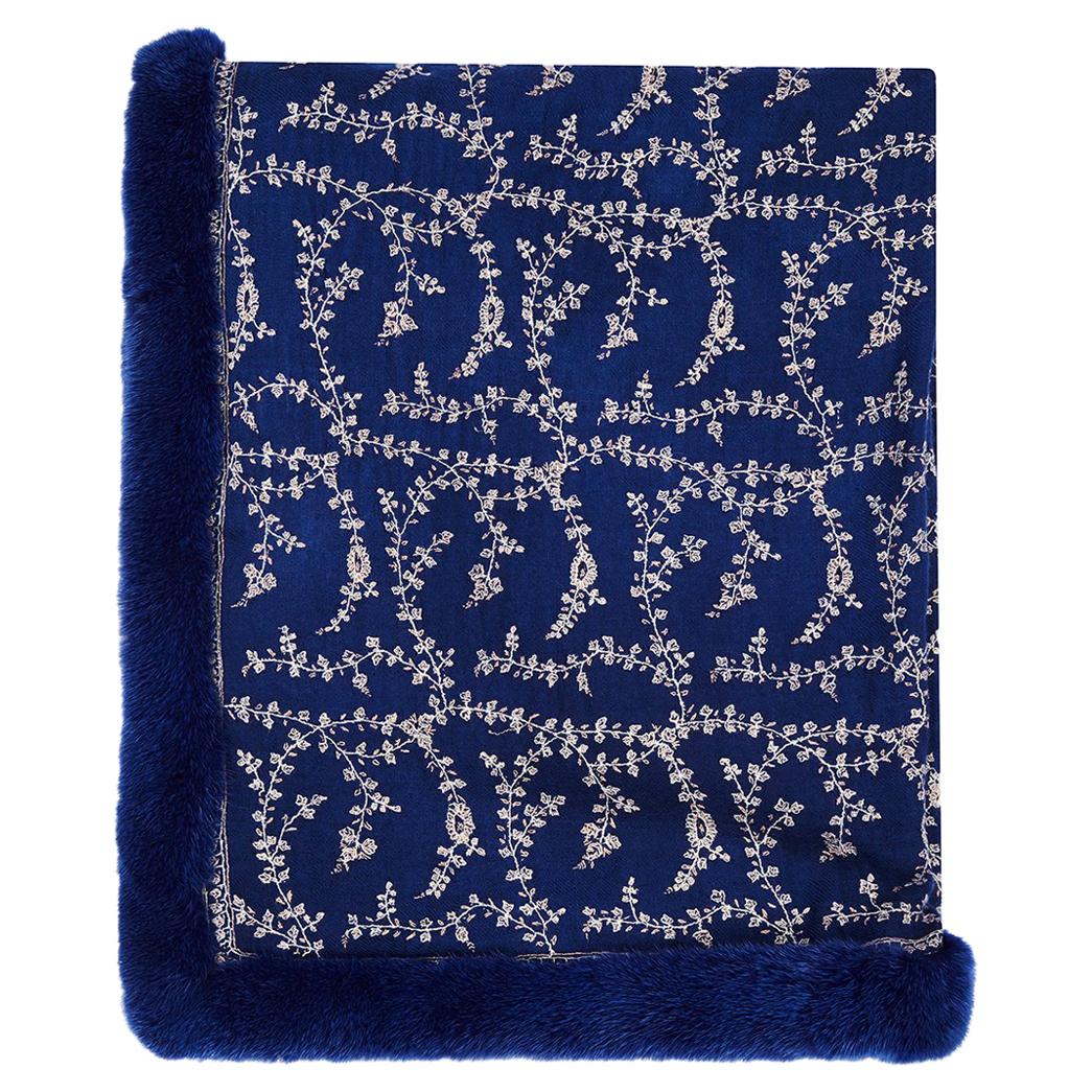 New Verheyen London Embroidered Sapphire Blue Shawl & Blue Mink Fur 