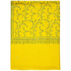 Hand Embroidered 100% Cashmere Scarf in Yellow Made in Kashmir India 