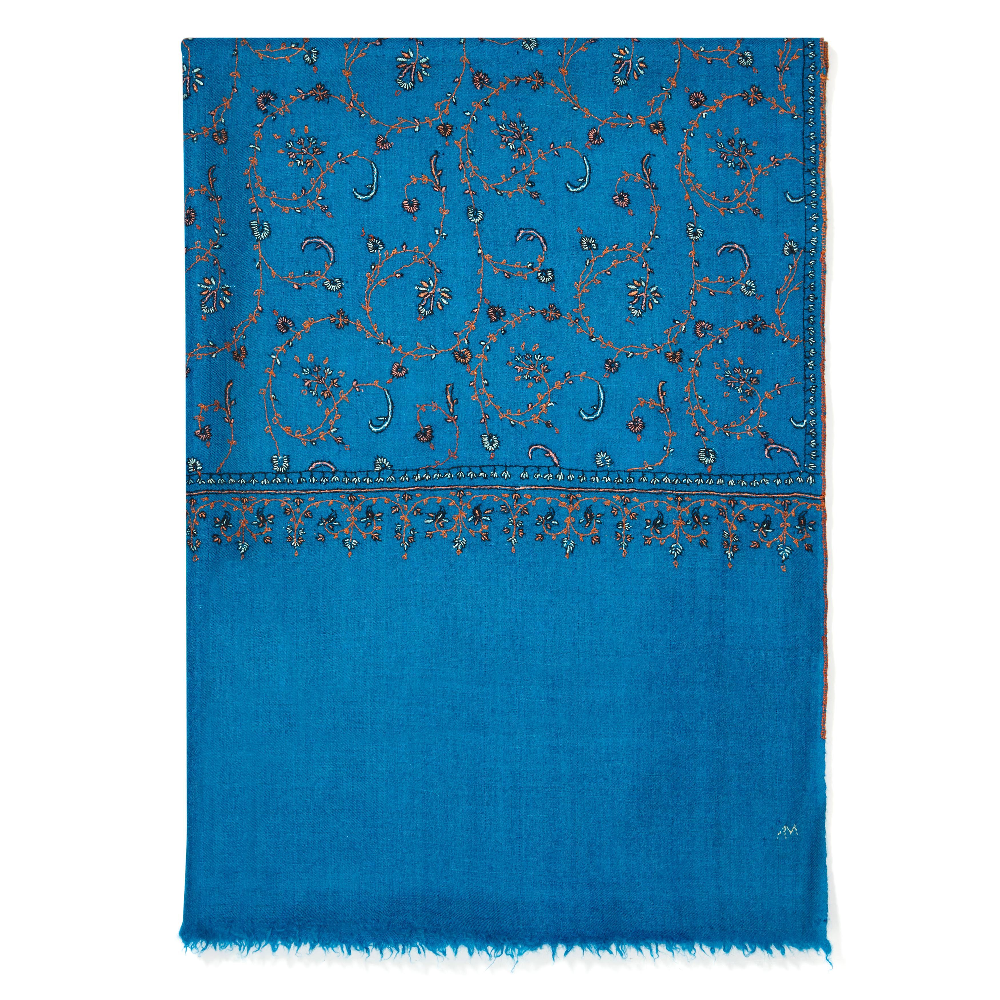 Limited Edition Hand Embroidered Cashmere Shawl in Blue Made in Kashmir - Gift In New Condition In London, GB